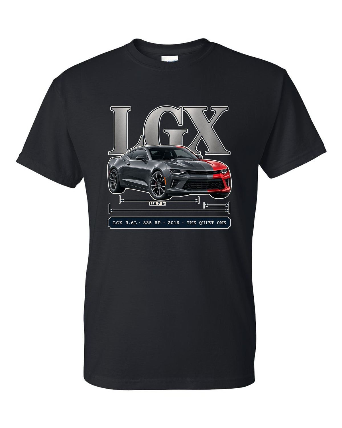 Archive panel print of a 2016 Chevrolet Camaro V6 with LGX 3.6L black t-shirt front view with the design