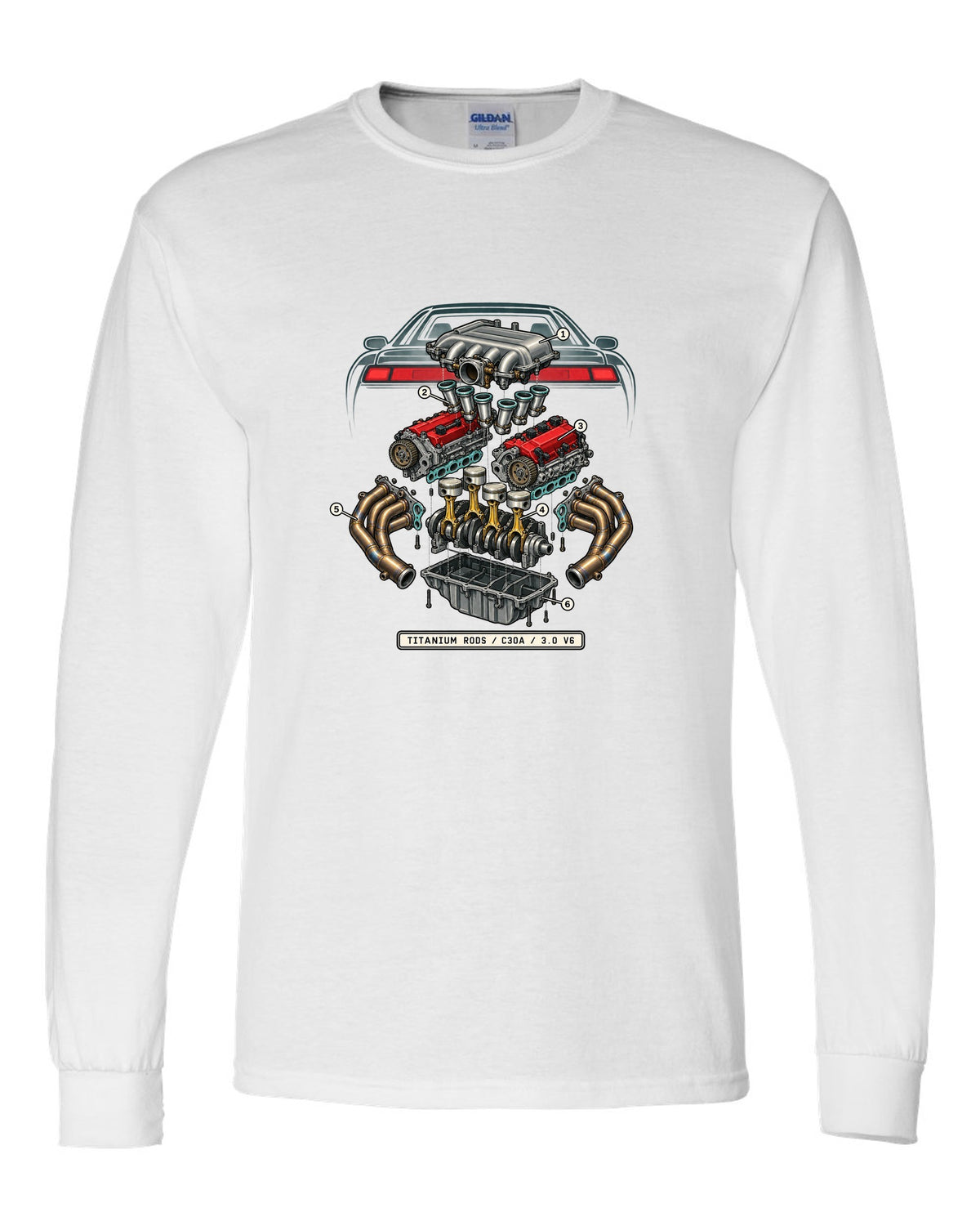 Isometric engine schematic print for the Honda NSX NA1 C30A with titanium rods text white long sleeve front view with the design