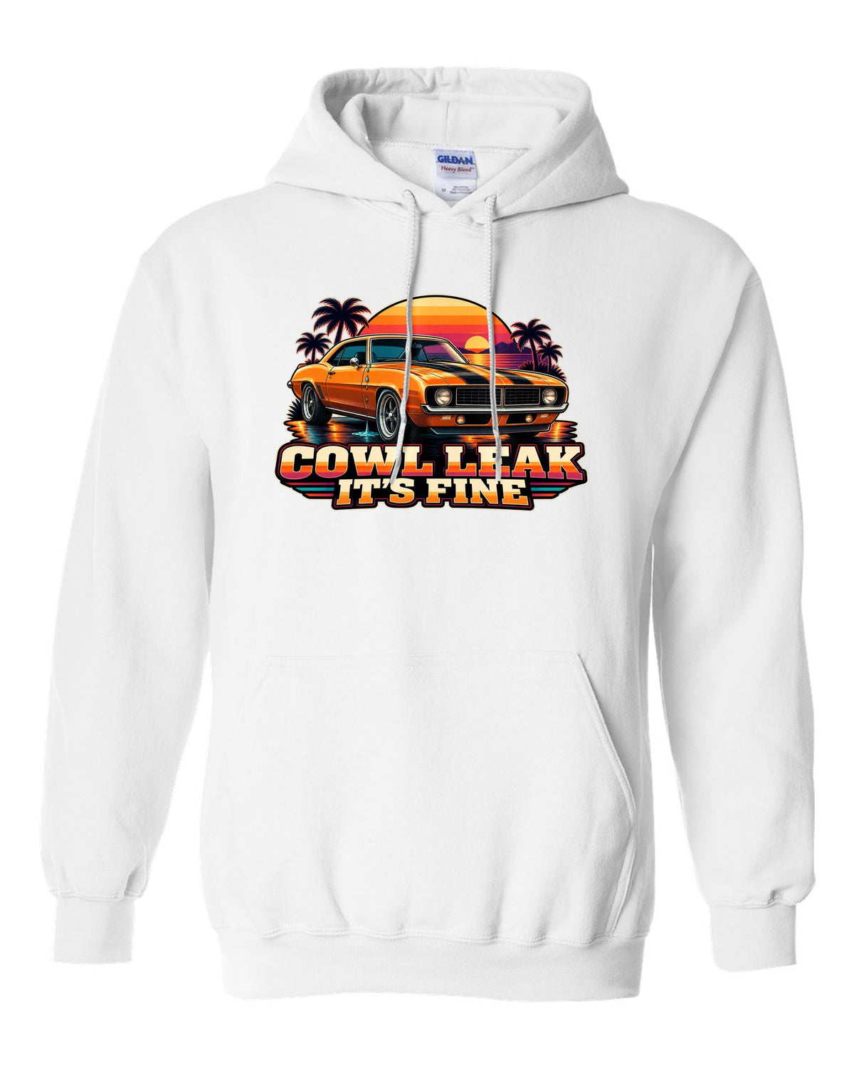 Retro banded sunset illustration of a 1969 Chevrolet Camaro coupe with cowl leak lettering white pull over hoodie front view with the design