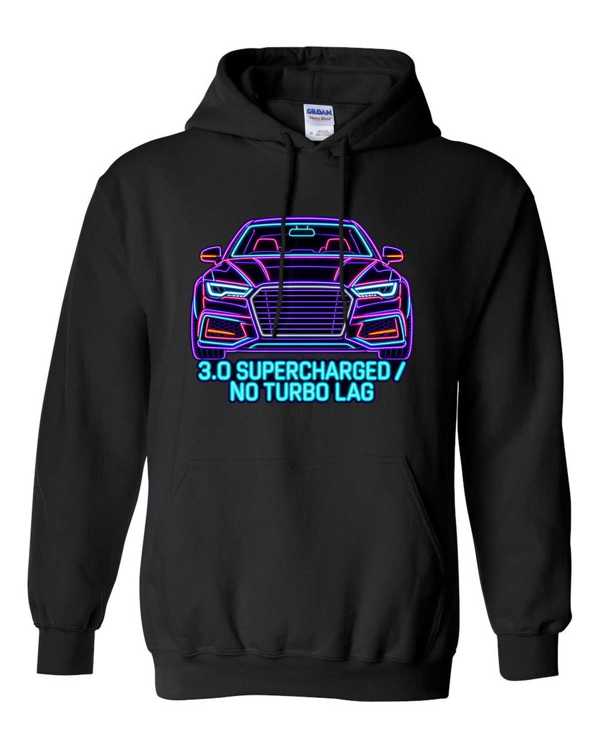 Neon sign line art print of an Audi S4 B8 with 3.0 Supercharged text black pull over hoodie front view with the design
