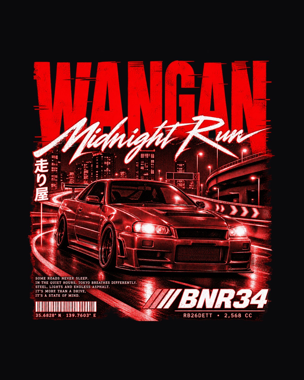 Wangan Midnight Run Poster Shirt, Skyline R34 BNR34 design only