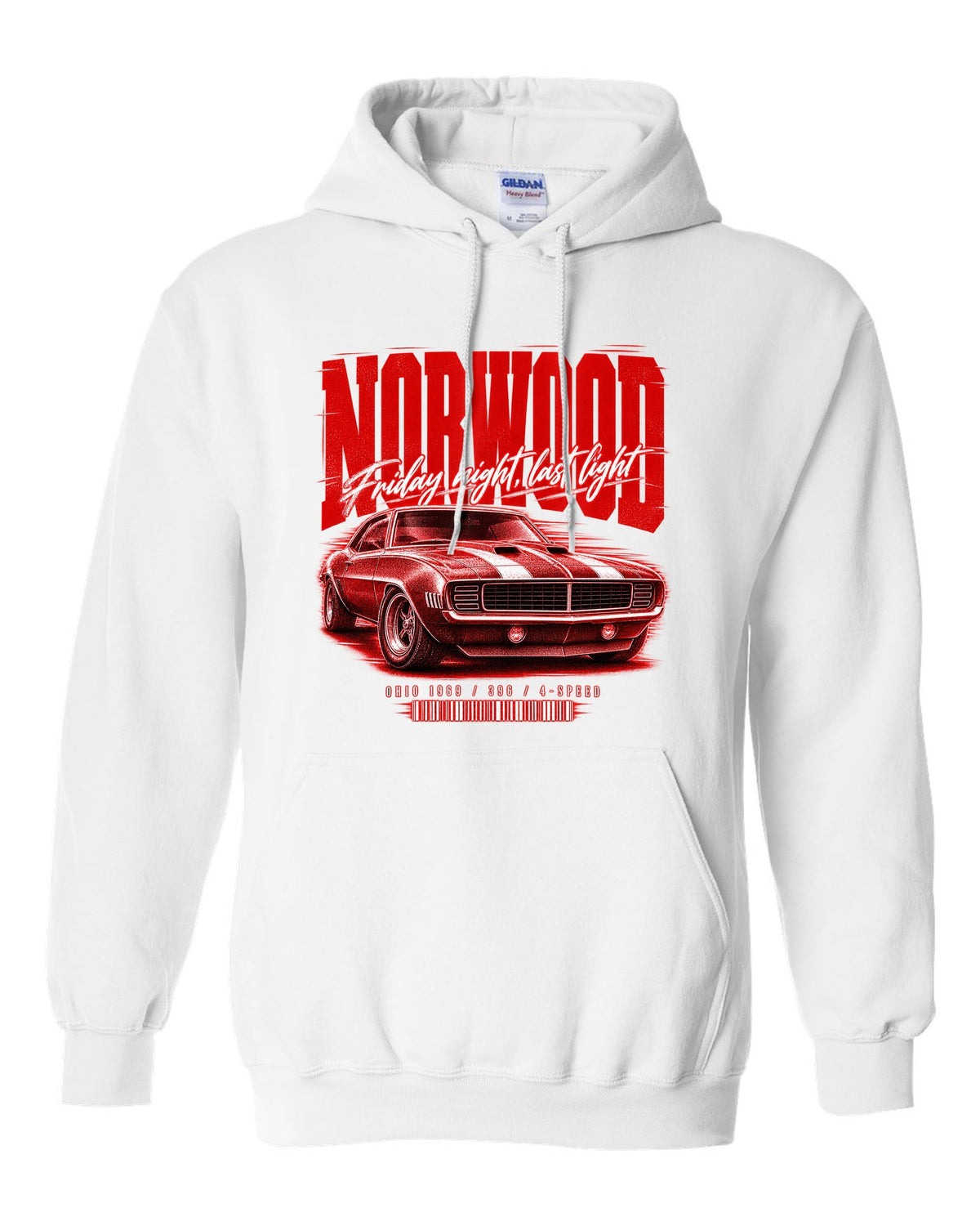 Street-poster print of a 1969 Chevrolet Camaro in Norwood, Ohio with 396 4-speed text white pull over hoodie front view with the design