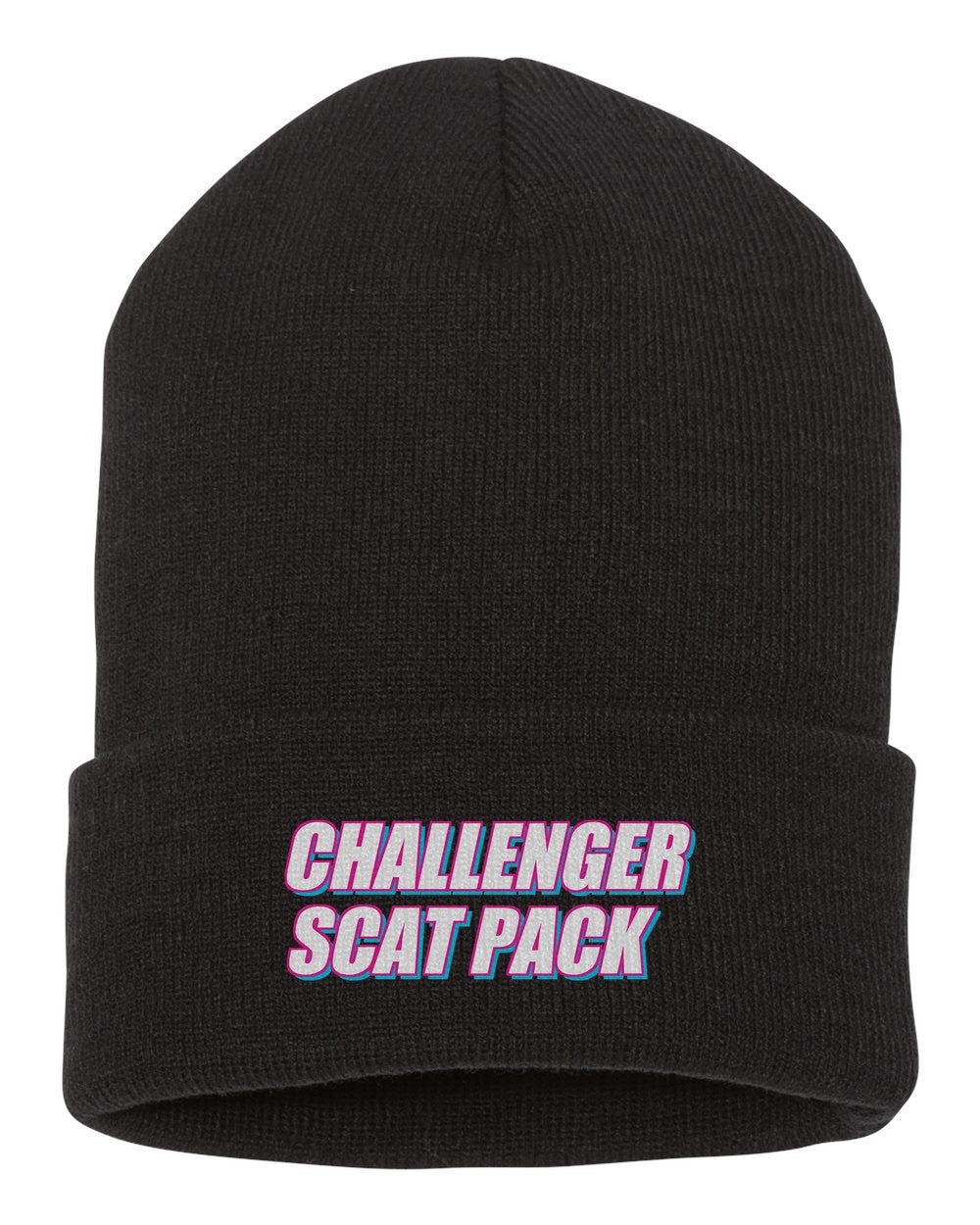 Challenger Scat Pack black beanie front view with car name