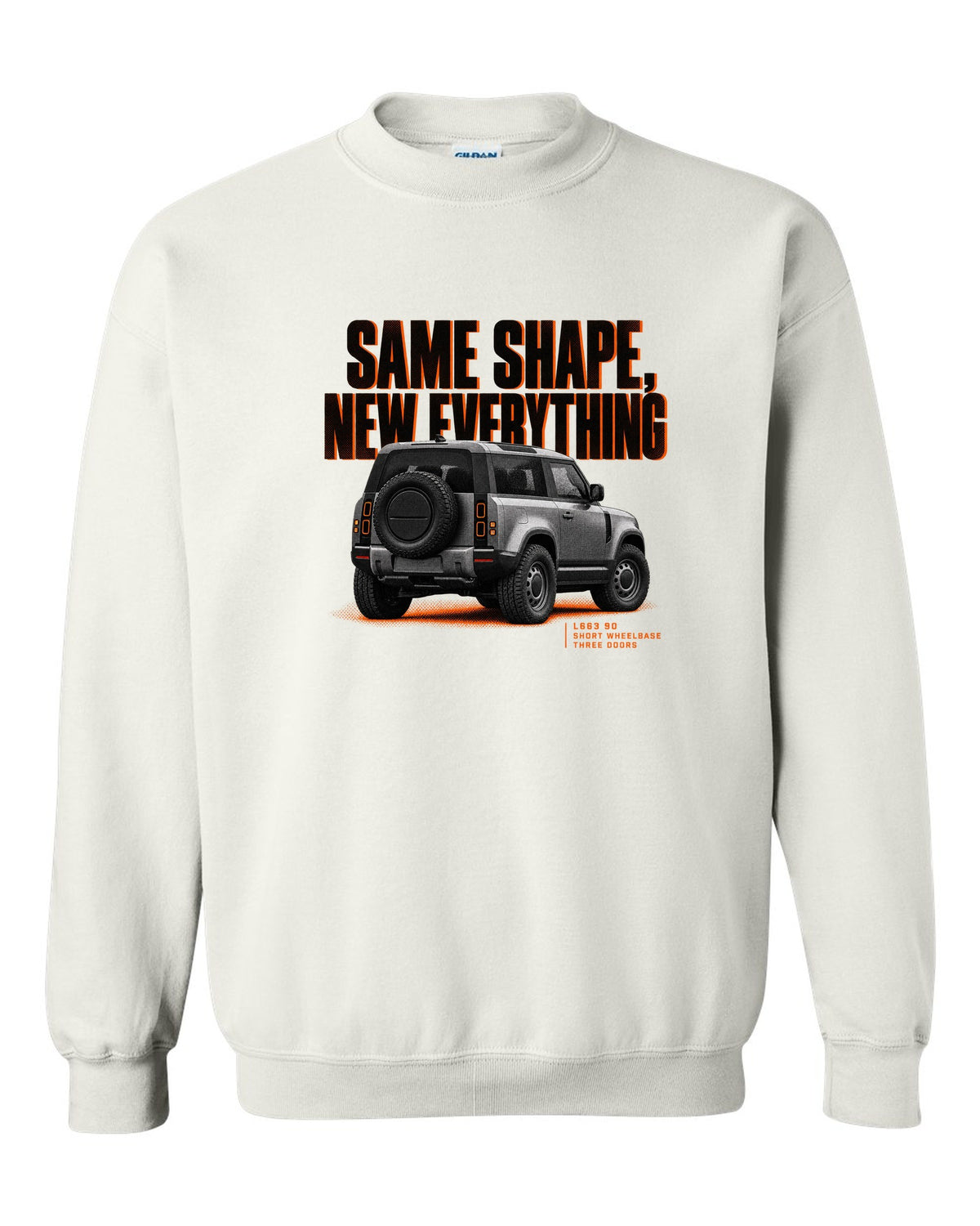 Land Rover Defender L663 90 halftone print with same shape new everything text white crewneck front view with the design