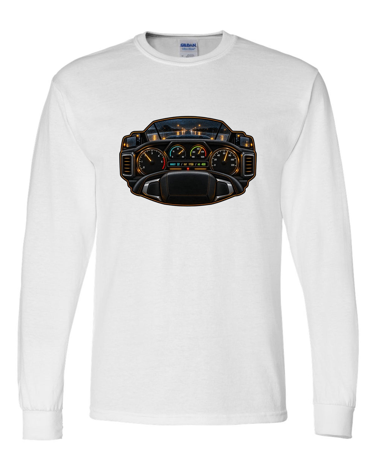Night gauge-cluster HUD print of a 2019-2024 Ram HD 6.7 HO showing boost 32 EGT 1150 HO 400 white long sleeve front view with the design