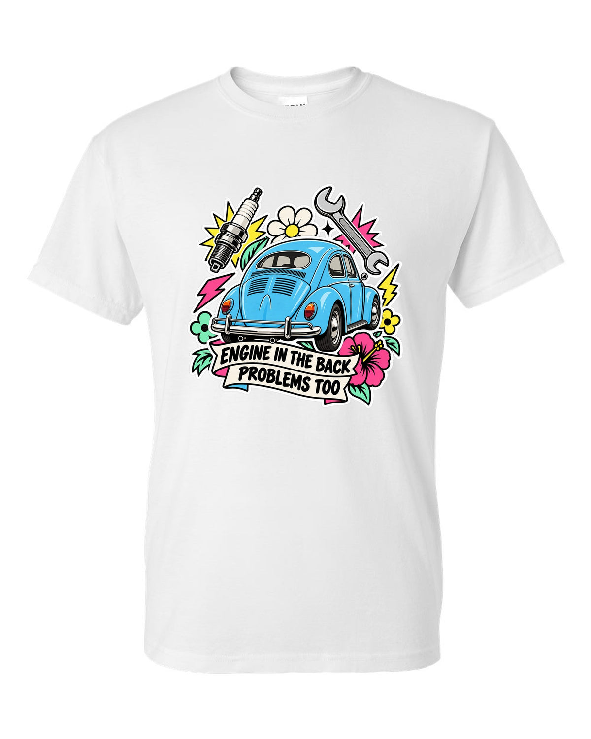 Sticker-bomb collage of a VW Beetle Type 1 with engine in the back lettering white t-shirt front view with the design