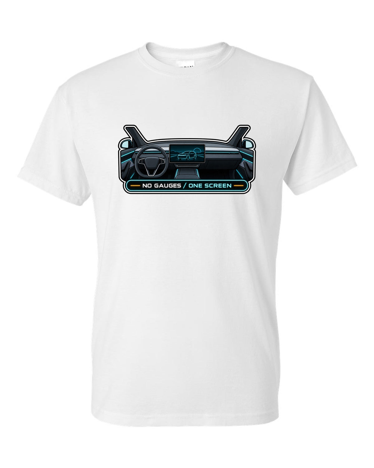 Gauge cluster HUD parody print of a Tesla Model Y Juniper reading No Gauges One Screen white t-shirt front view with the design