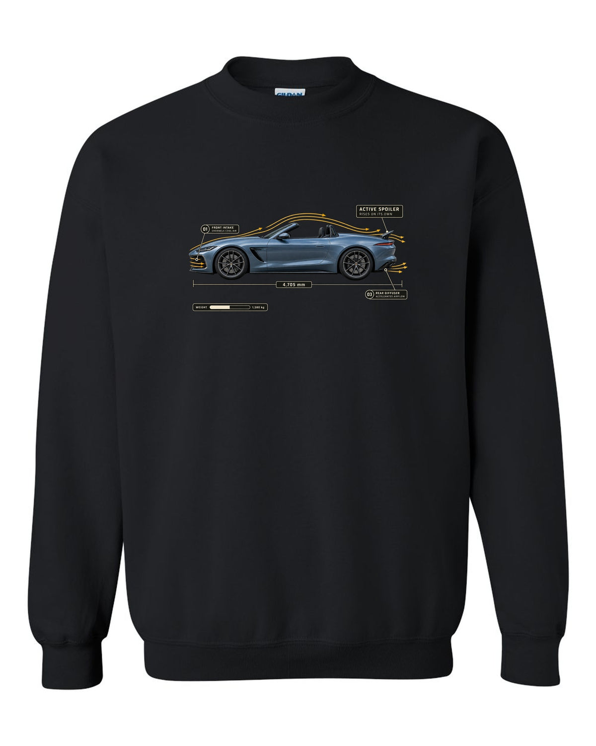 SL63 R232 Active Spoiler Aero Callout black crewneck front view with the design