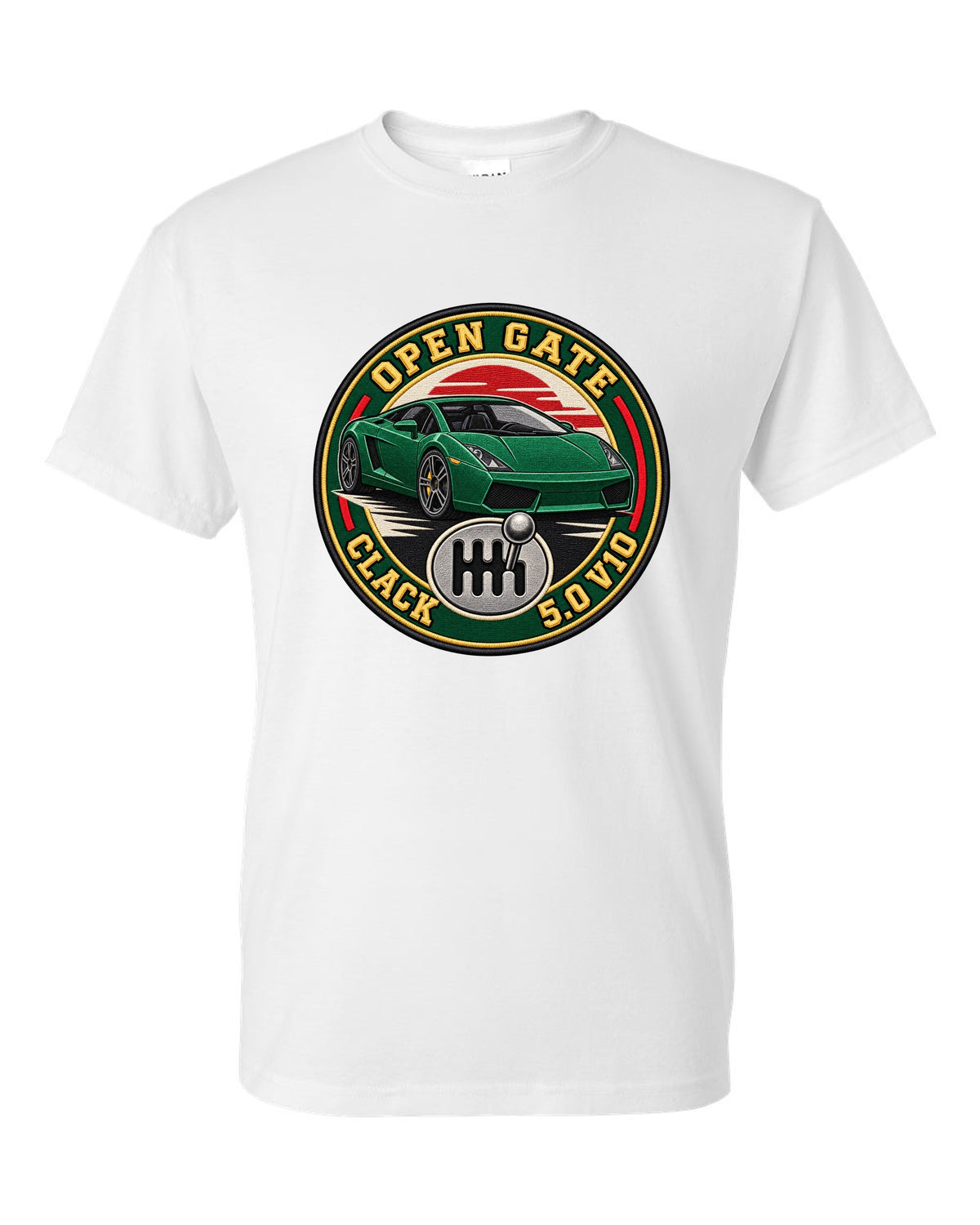Embroidery-style crest of a Lamborghini Gallardo open-gate six-speed manual with V10 text white t-shirt front view with the design