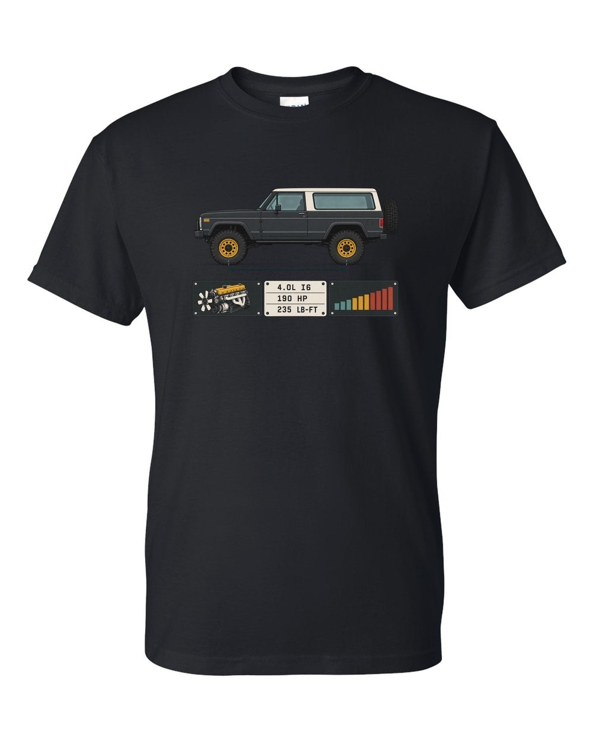Jeep Wrangler LJ Unlimited spec sheet data plate design with 4.0L I6 190 HP 235 lb-ft black t-shirt front view with the design