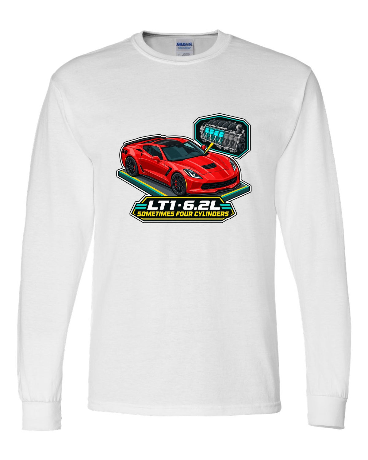 Art deco Le Mans night racing poster print of a yellow Chevrolet Corvette C8.R with LT1 6.2L lettering white long sleeve front view with the design