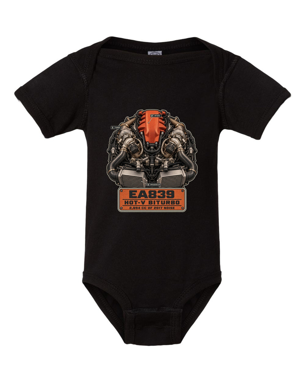 Engine hero poster of the Audi RS5 B9 EA839 hot-V biturbo black baby onesie front view with the design