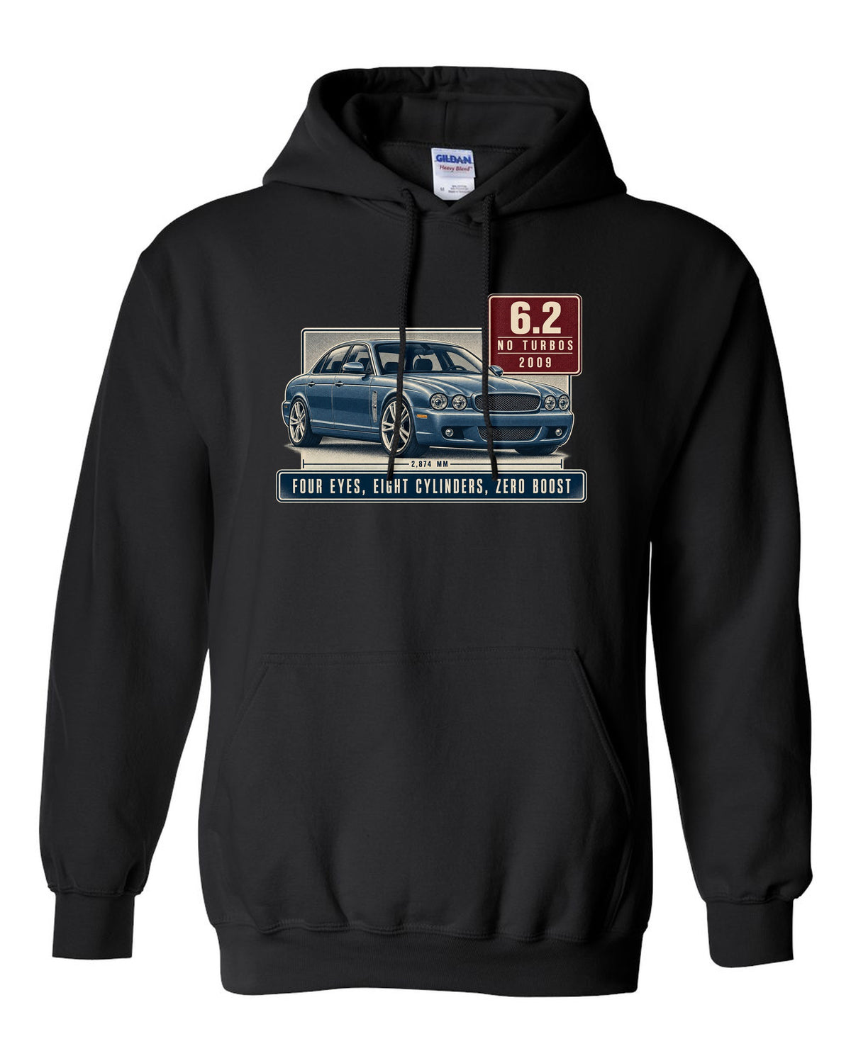Editorial headline print of a silver-blue Mercedes-AMG E63 W212 pre-facelift black pull over hoodie front view with the design