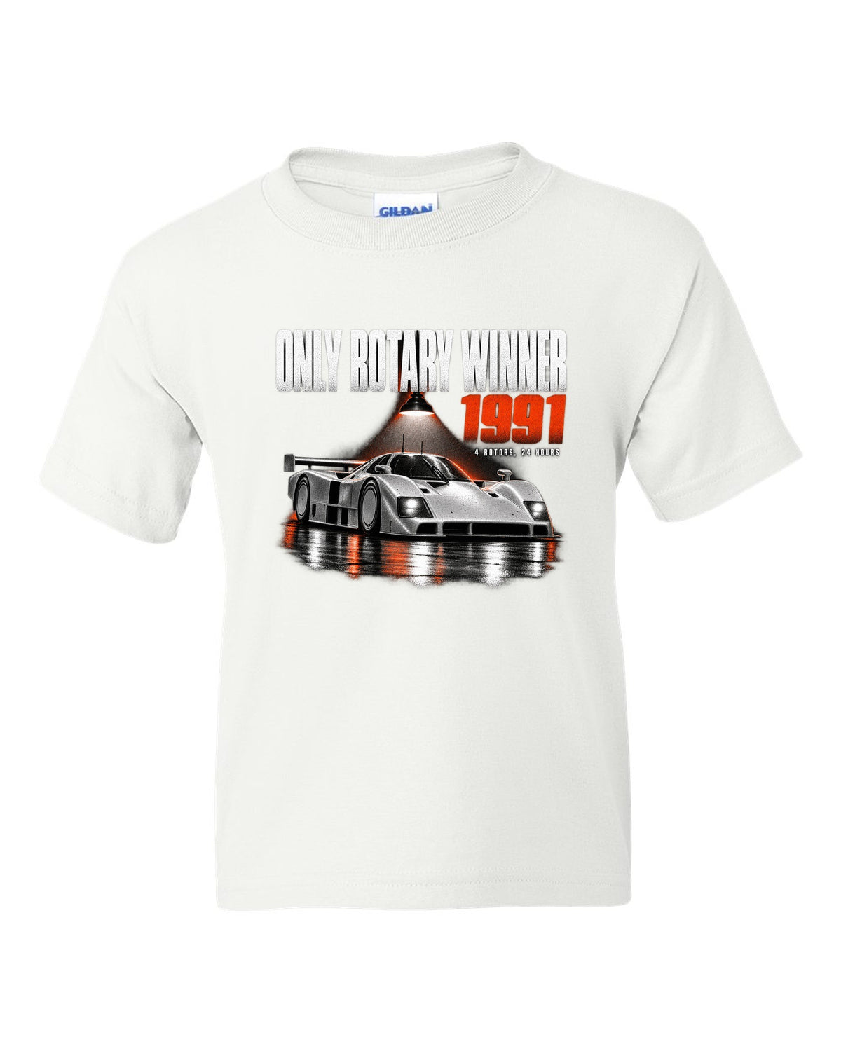 Mazda 787B in a dark garage with only rotary winner 1991 lettering white kids tee front view with the design