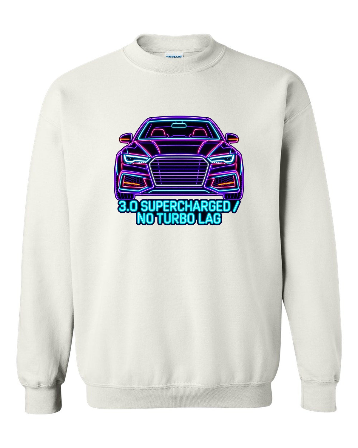Neon sign line art print of an Audi S4 B8 with 3.0 Supercharged text white crewneck front view with the design
