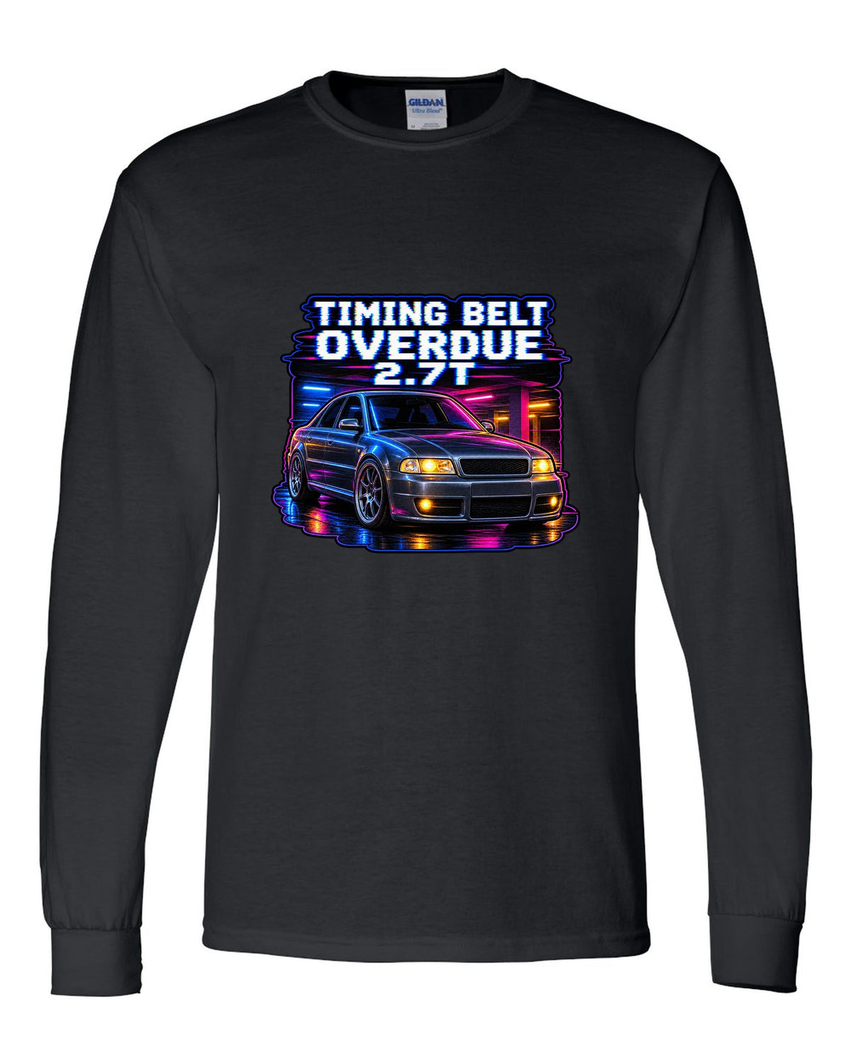 VHS lo-fi print of an Audi S4 B5 with Timing Belt Overdue and 2.7T text black long sleeve front view with the design