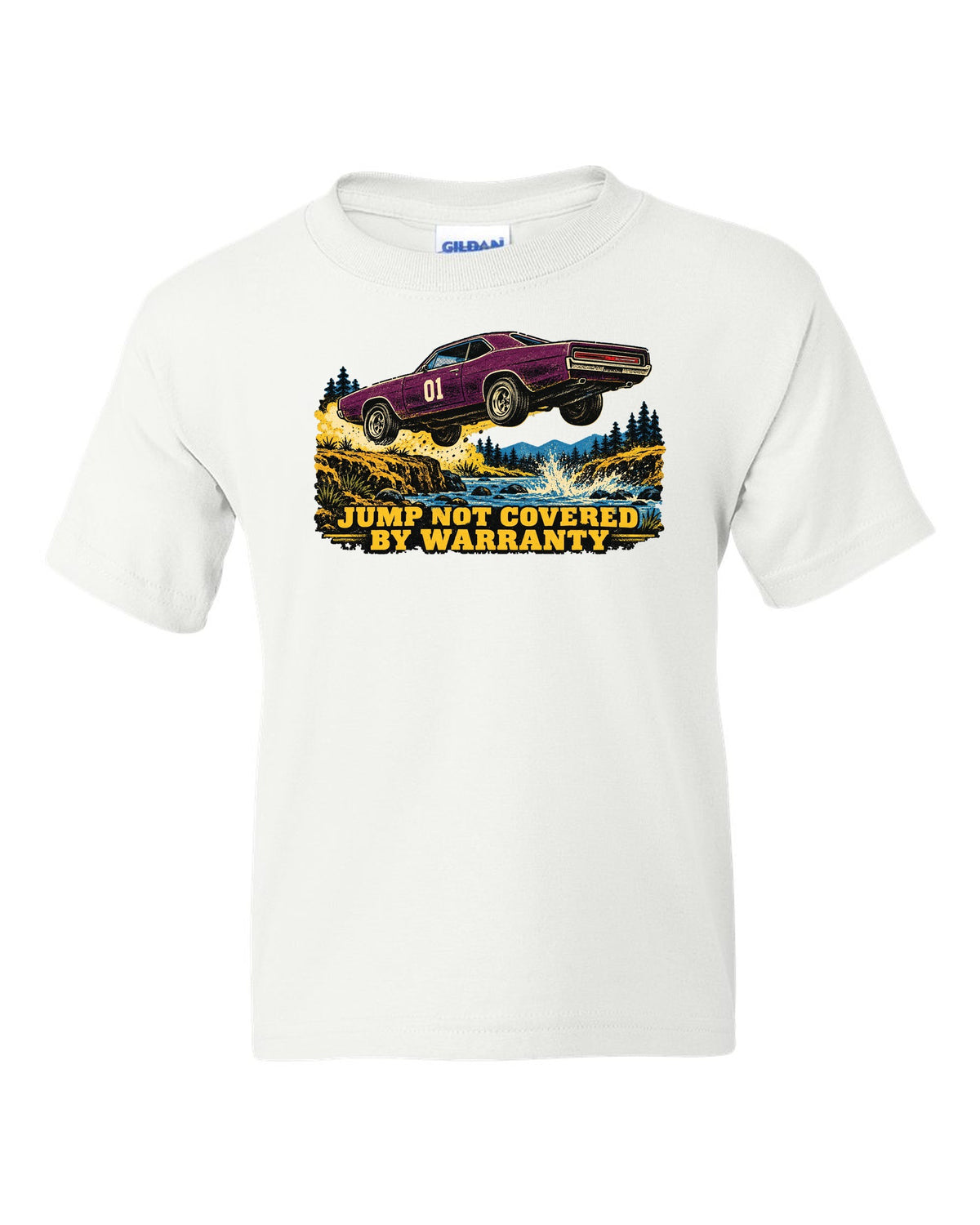 Vintage screen print of an orange 1969 Dodge Charger B-body mid-jump with number 01 on the doors white kids tee front view with the design