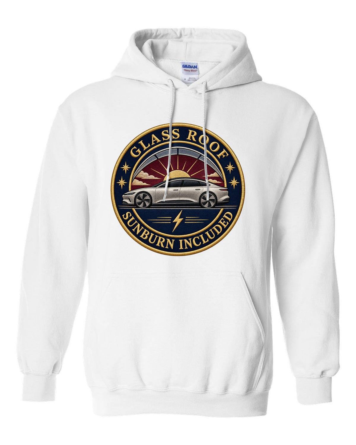 Lucid Air Sapphire round embroidery-style crest print with the text glass roof sunburn included white pull over hoodie front view with the design