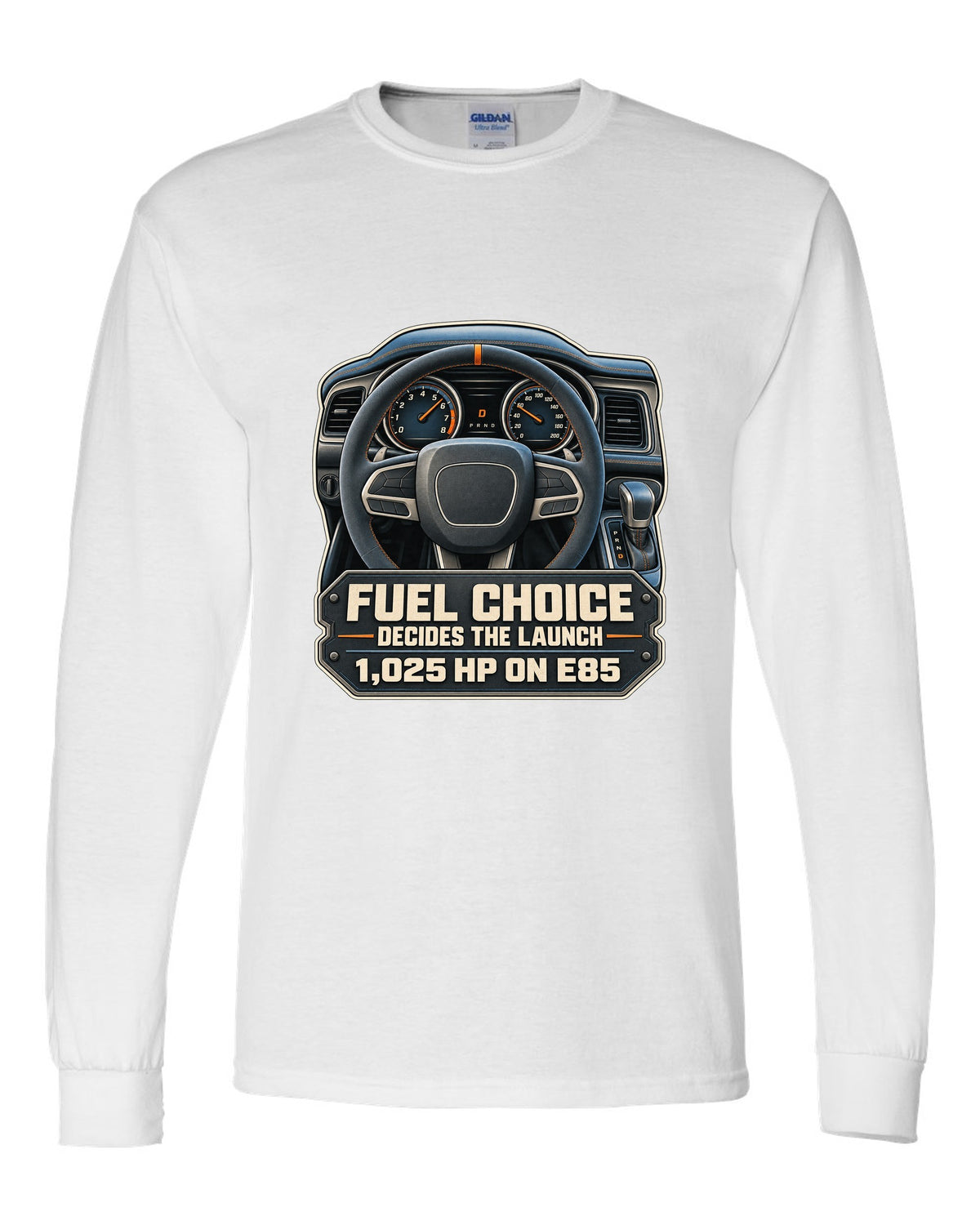Dodge Challenger SRT Demon 170 cockpit gauge print with E85 1,025 HP text white long sleeve front view with the design