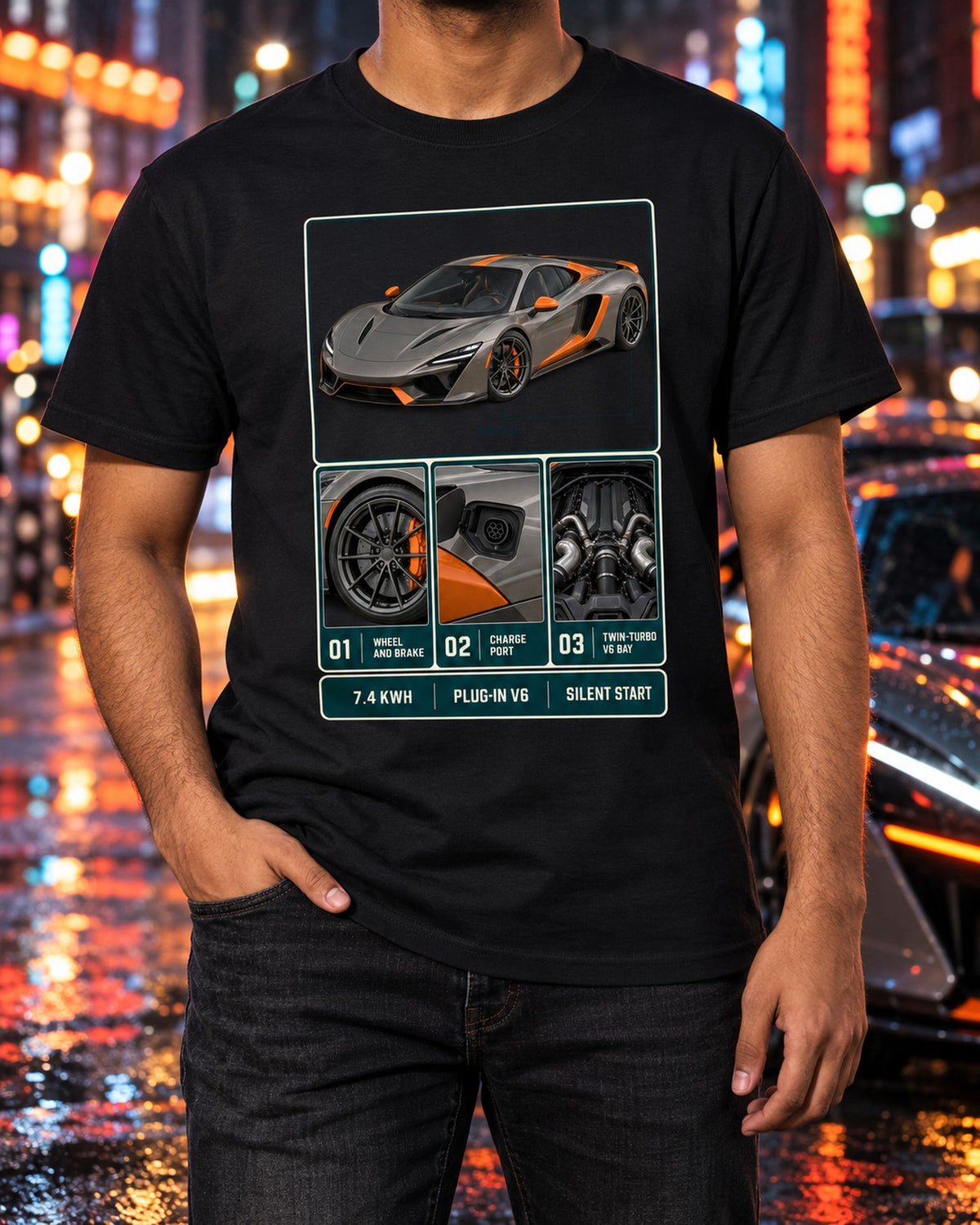 McLaren Artura Dossier Panels Tee, Plug-In V6 Car Shirt T-Shirt Black worn hero