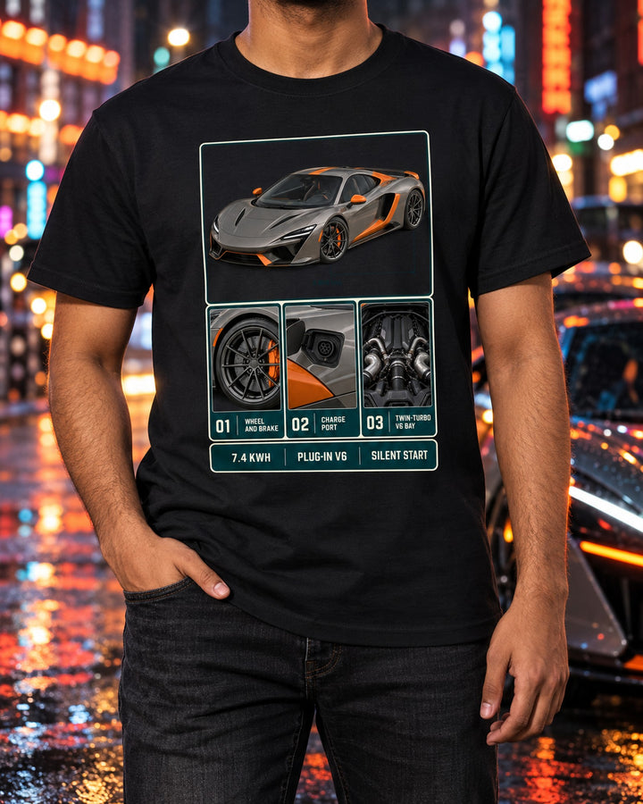 McLaren Artura Dossier Panels Tee, Plug-In V6 Car Shirt T-Shirt Black worn hero
