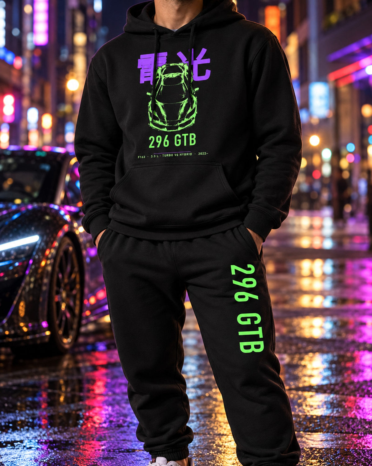 F296 Chassis Code Hoodie + Jogger Set Black worn hero
