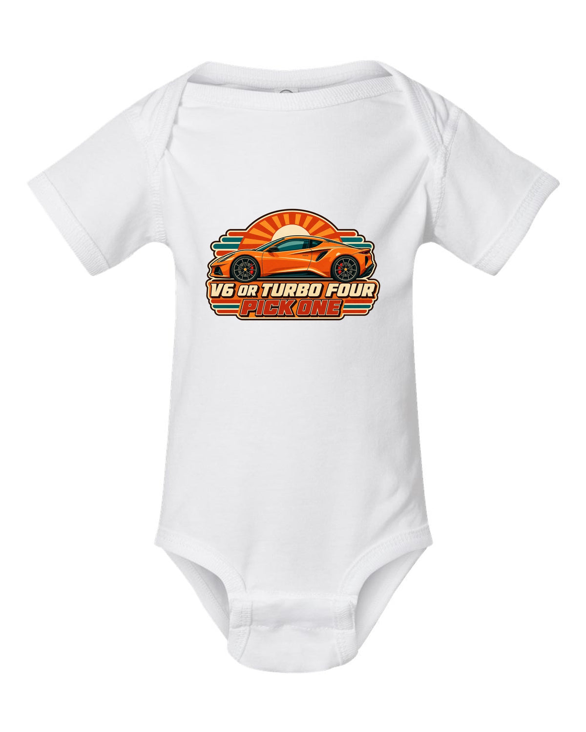 Lotus Emira in retro Japanese showa ad style with V6 OR TURBO FOUR PICK ONE lettering white baby onesie front view with the design