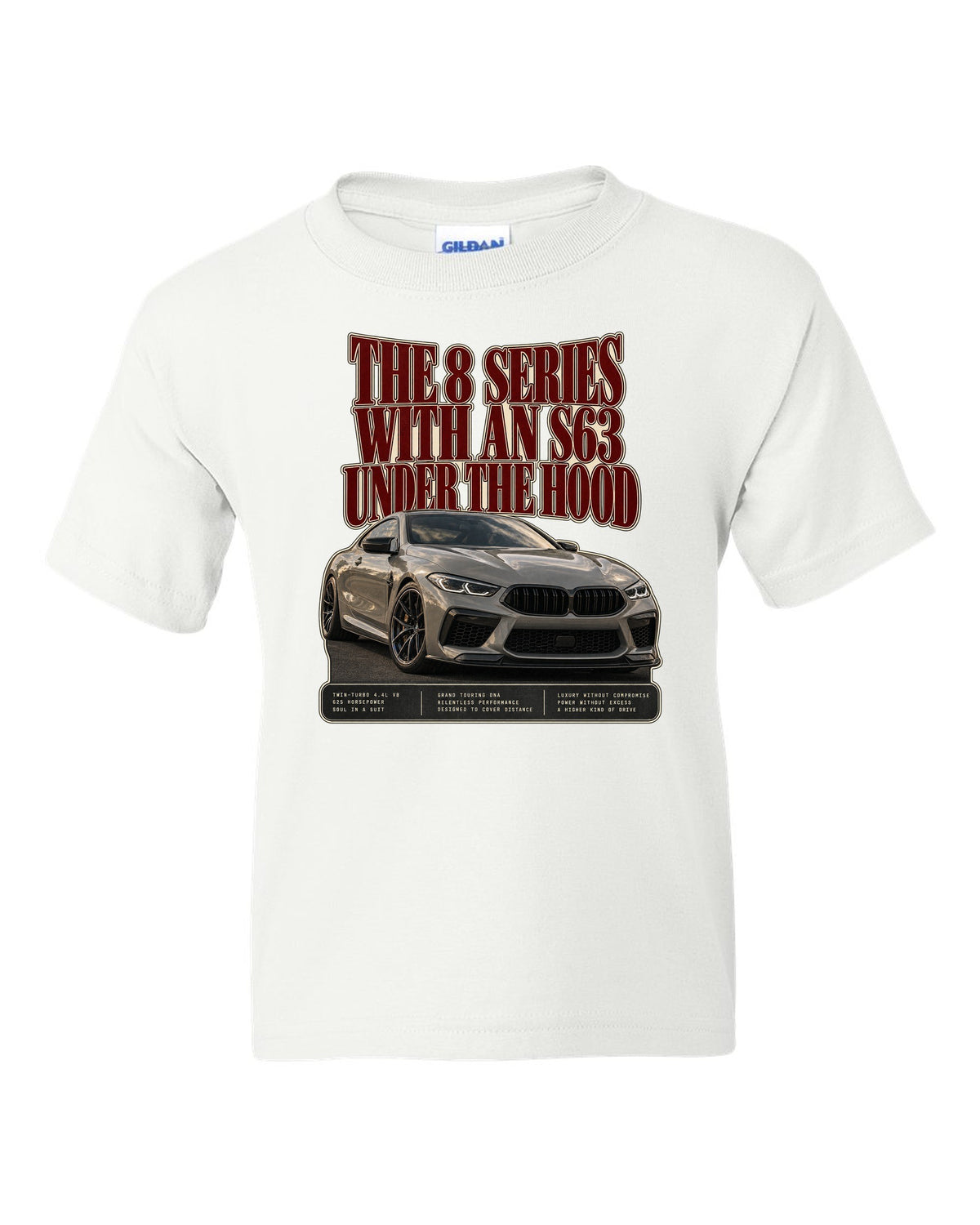BMW M8 Competition Coupe F92 editorial headline print on a tee white kids tee front view with the design