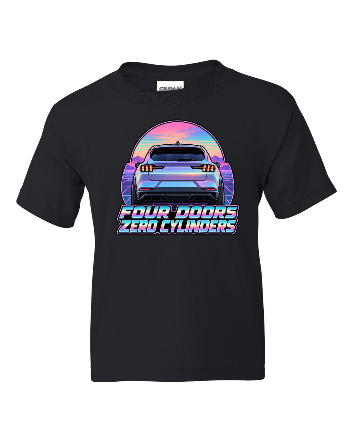 Vaporwave pastel print of a 2021 Ford Mustang Mach-E rear at dusk black kids tee front view with the design