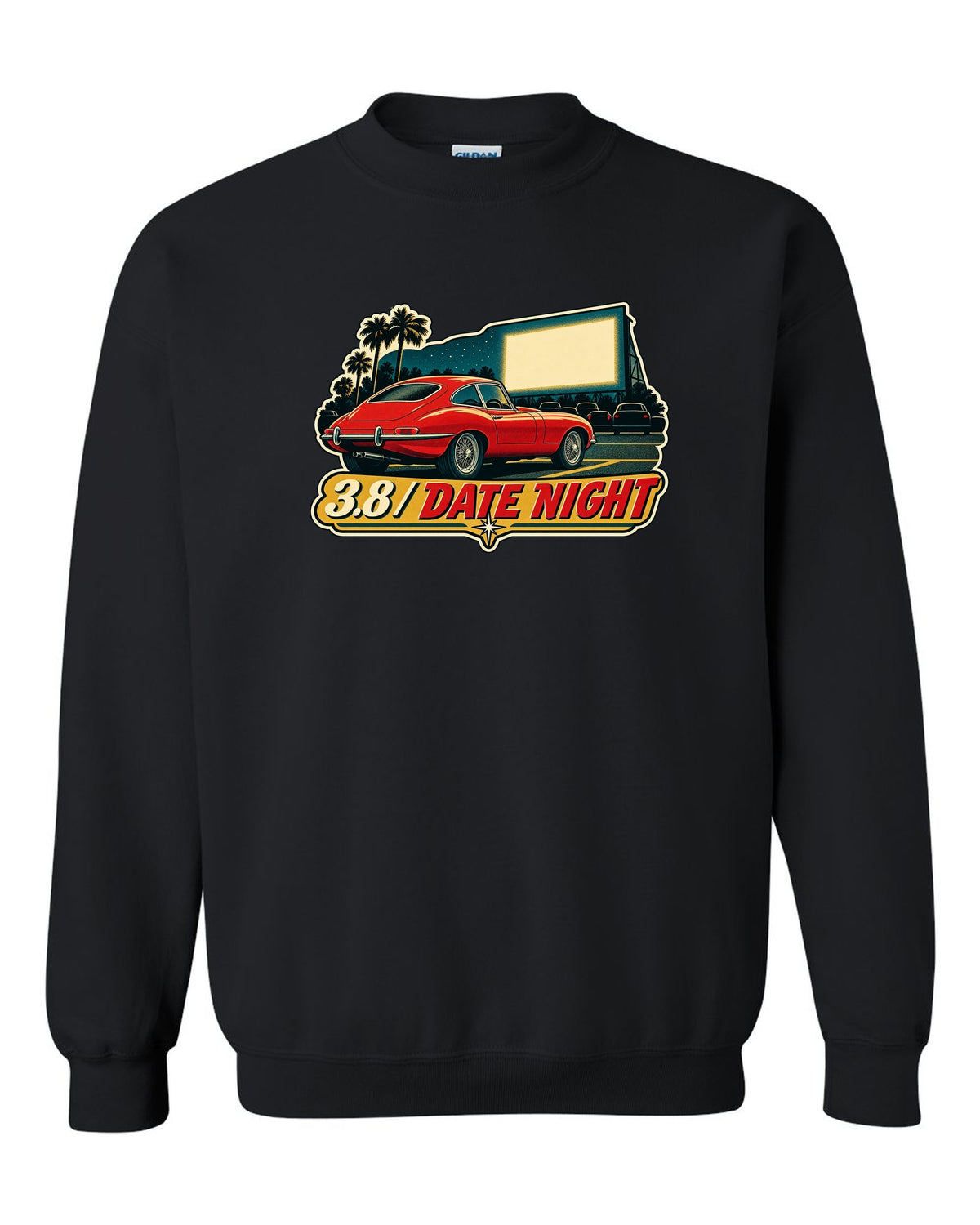 Jaguar E-Type Series 1 vintage race poster with 3.8 DATE NIGHT lettering black crewneck front view with the design