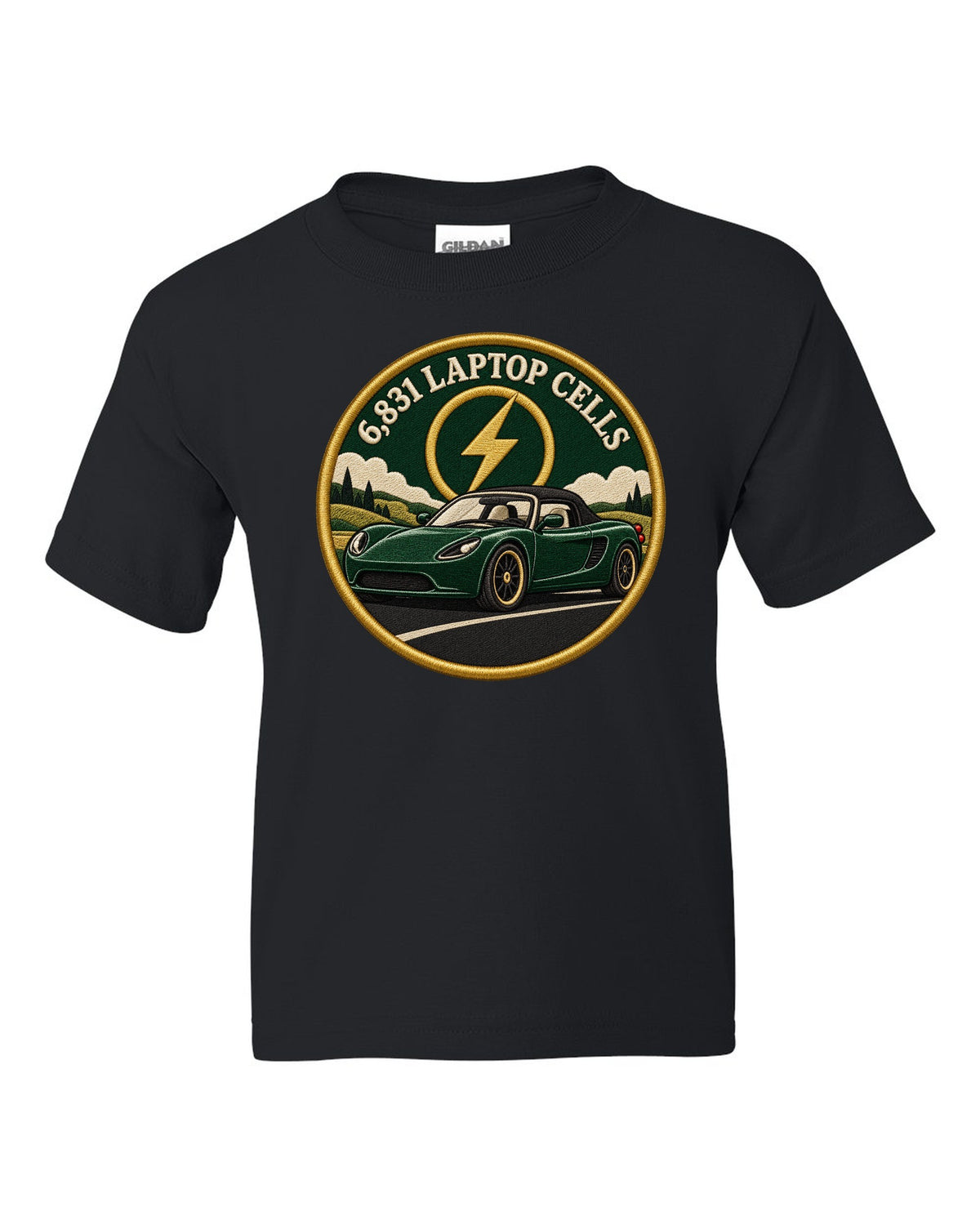 Round crest print of a Tesla Roadster Gen 1 reading 6,831 Laptop Cells black kids tee front view with the design