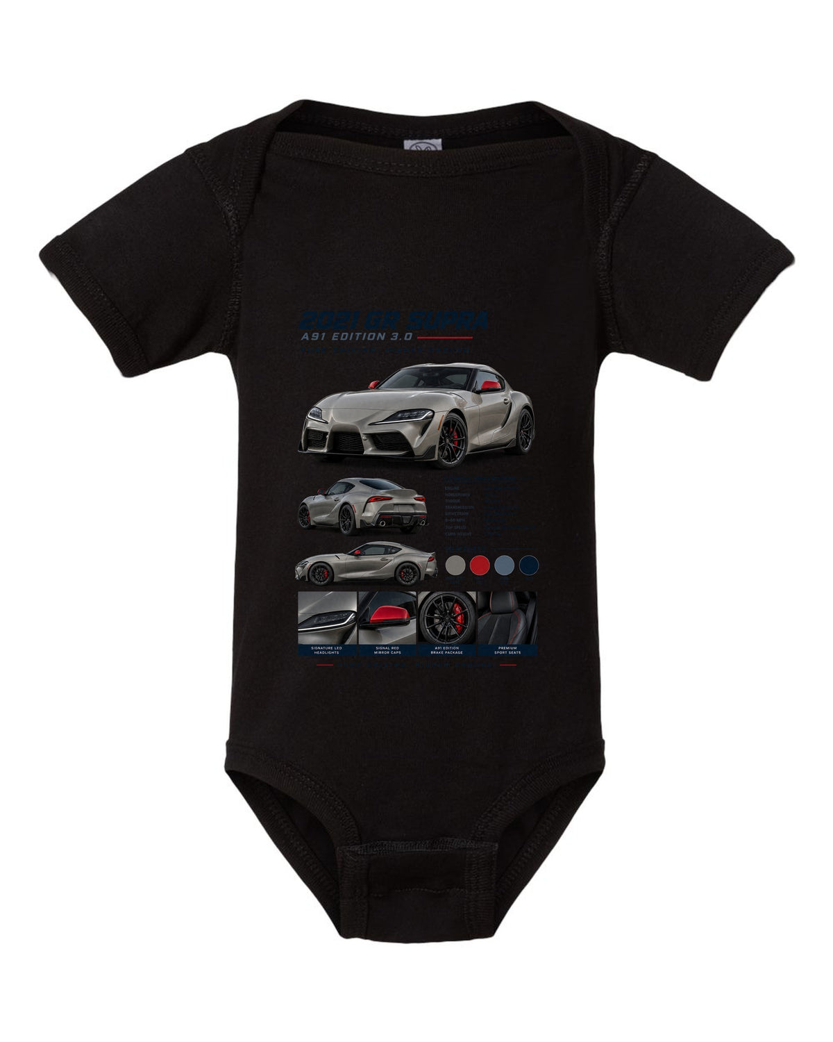 Dossier panel layout of the 2021 Toyota GR Supra A91 Edition in warm grey pearl with red mirror caps black baby onesie front view with the design