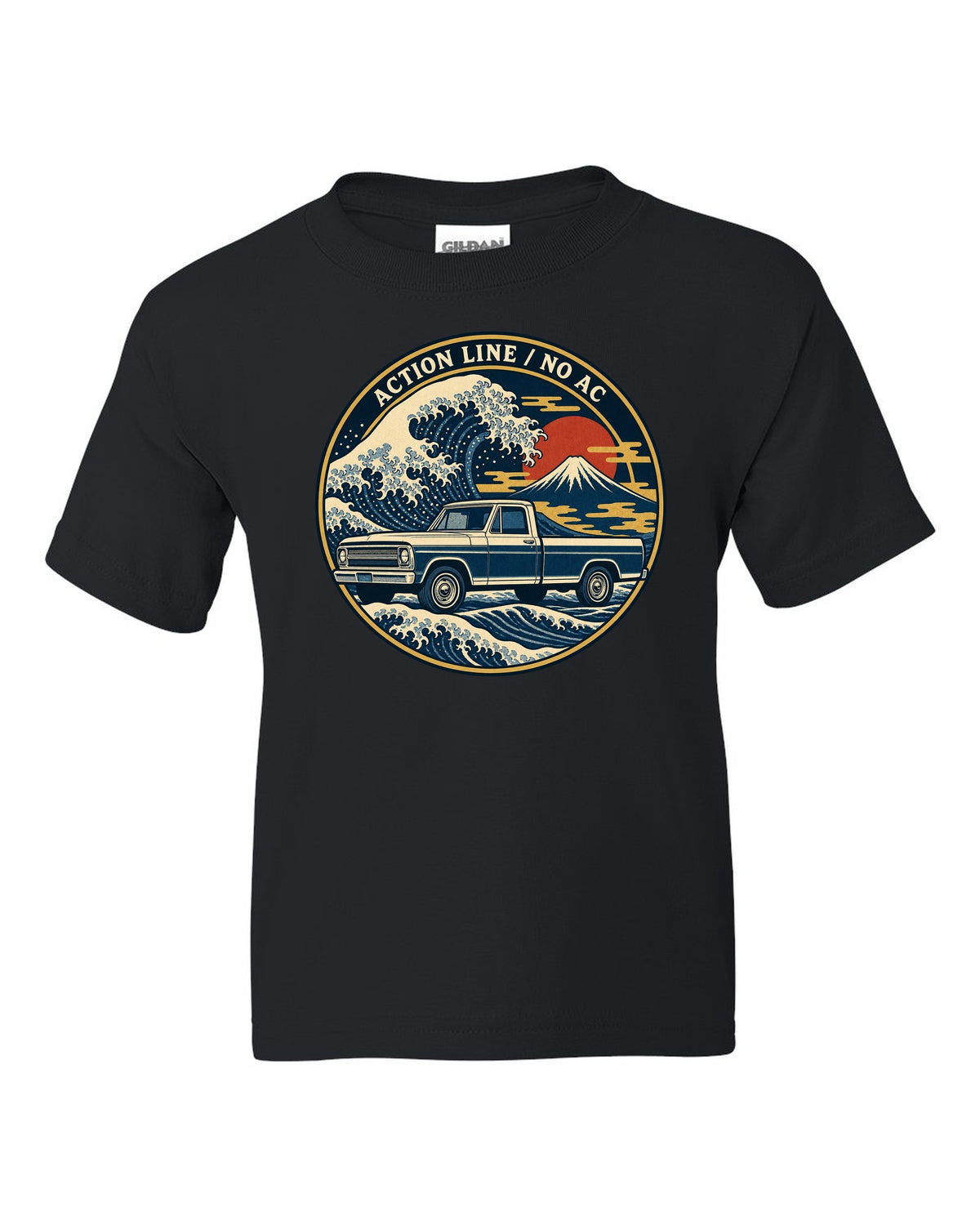 Ukiyo-e woodblock wave print of a 1967-72 Chevrolet C10 Action Line Fleetside with Action Line no AC lettering black kids tee front view with the design