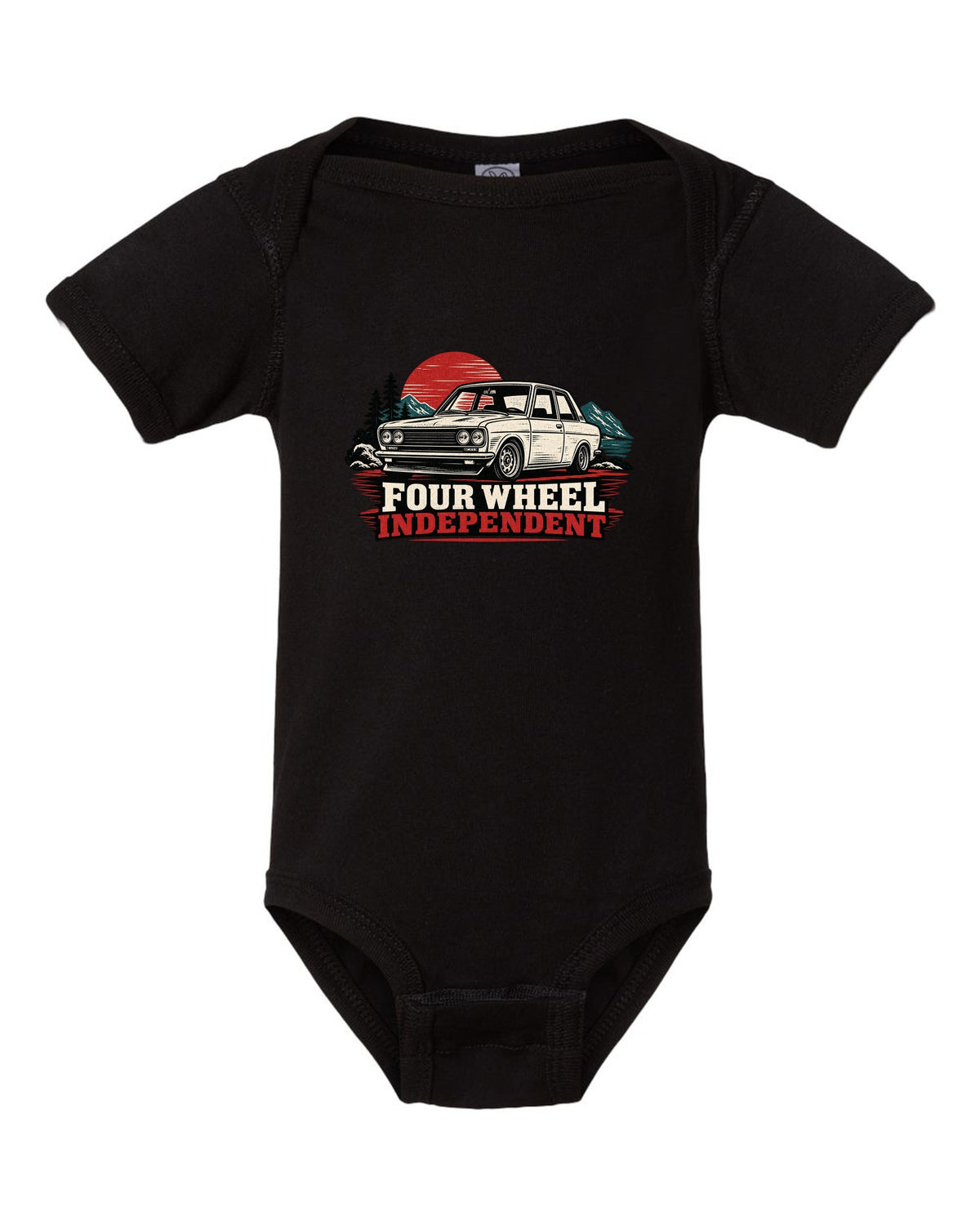 Linocut print of a Datsun 510 with Four Wheel Independent lettering black baby onesie front view with the design