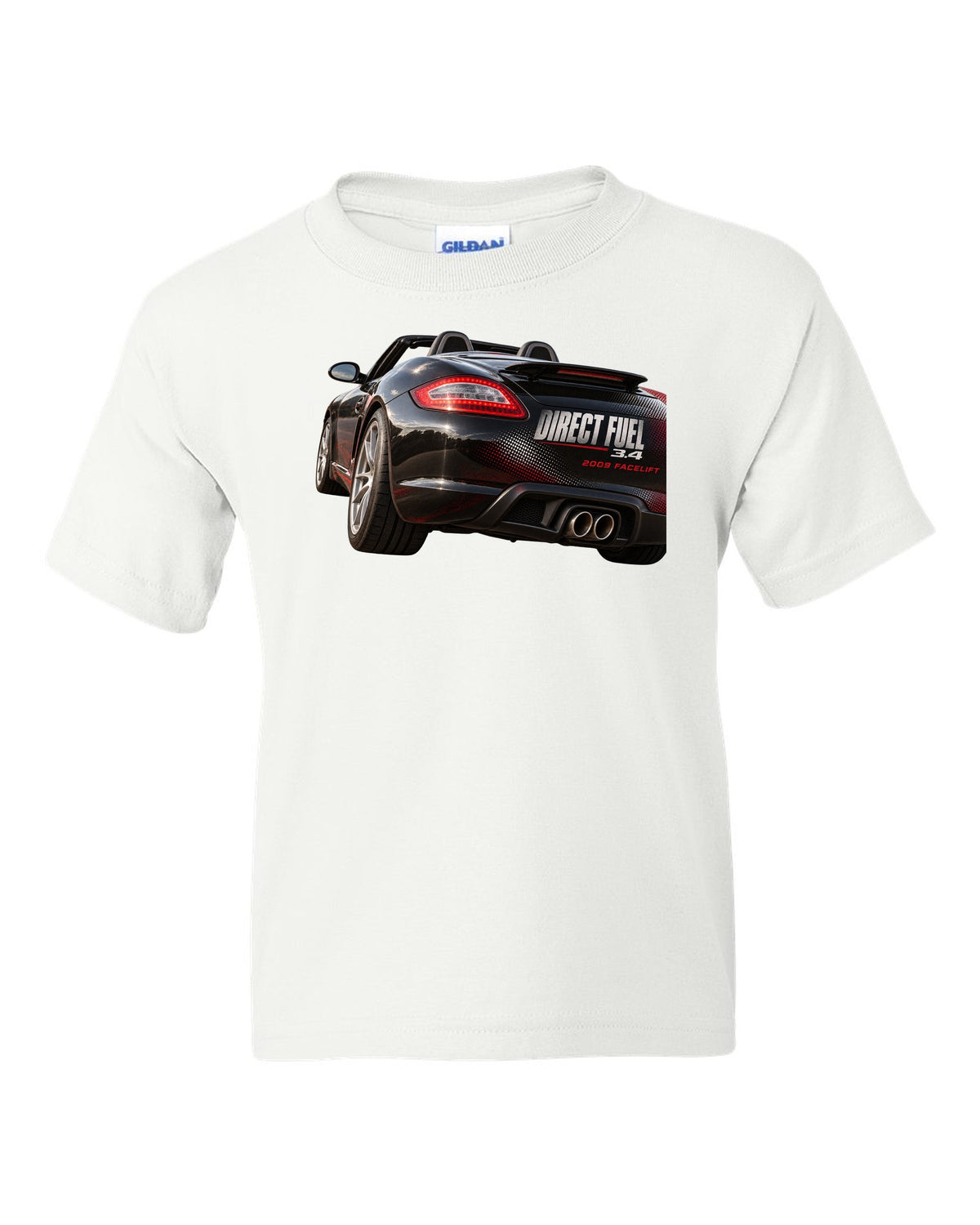 Taillight macro print of a Porsche Boxster 987.2 facelift white kids tee front view with the design