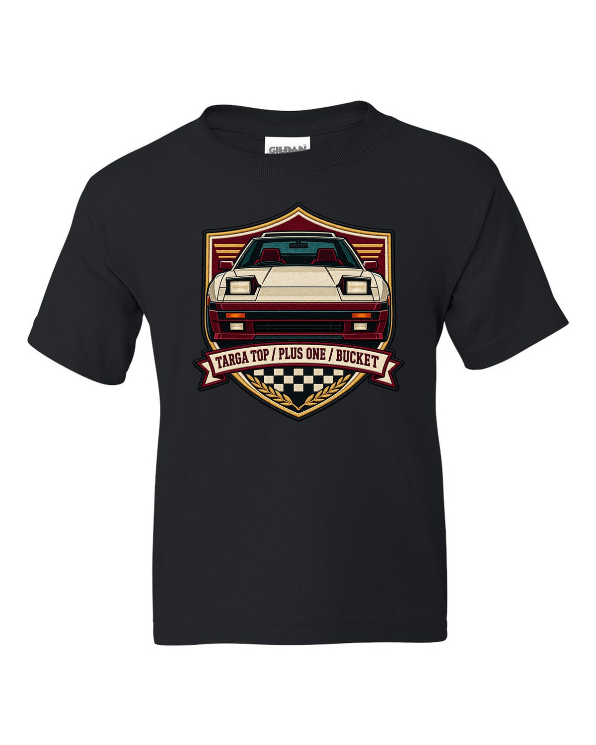 Shield crest design for the Toyota Supra A70 MA70 with pop-up headlights black kids tee front view with the design
