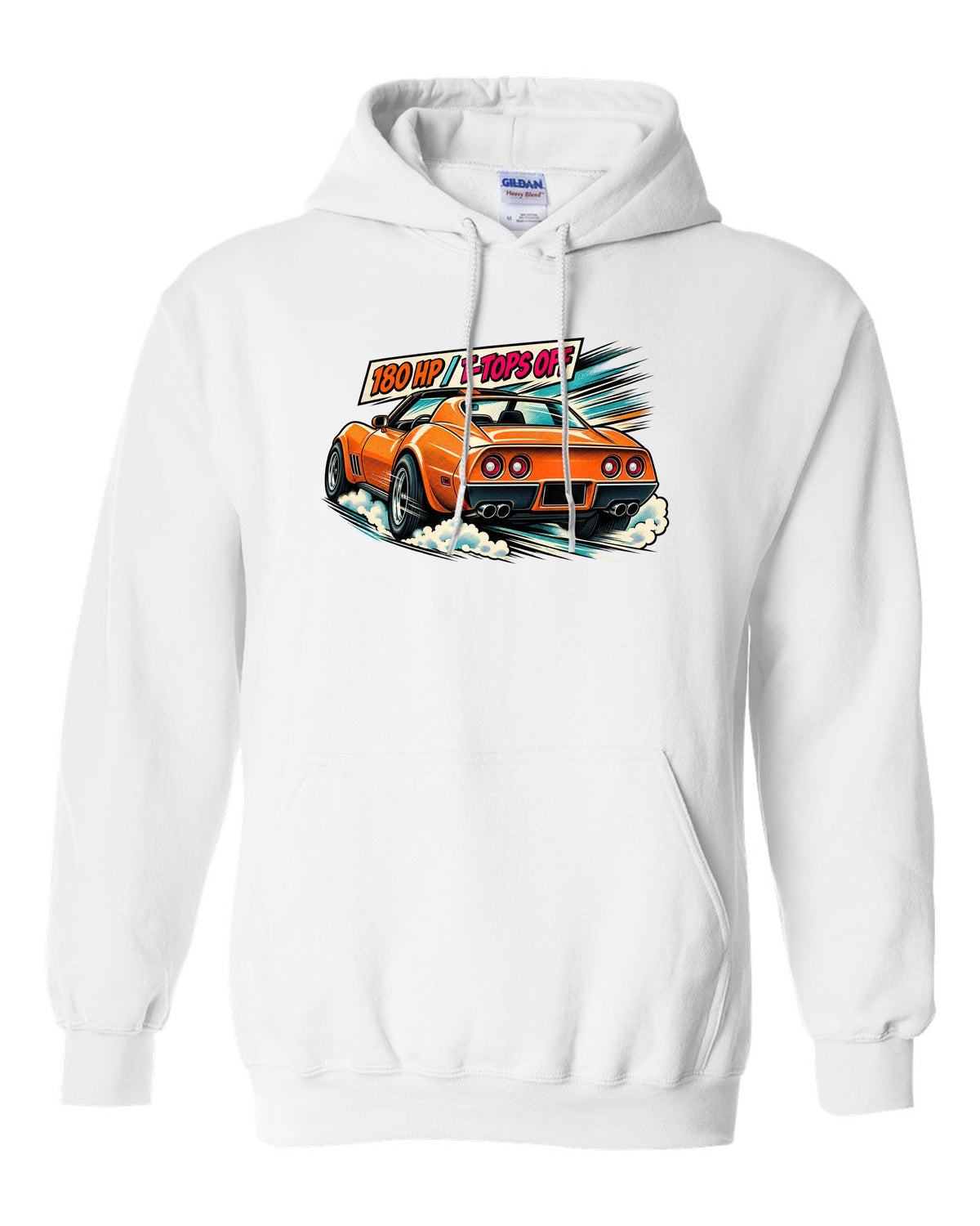 Retro manga halftone panel print of 1977 Chevrolet Corvette C3 Stingray taillights with 180 HP T-Tops Off text white pull over hoodie front view with the design