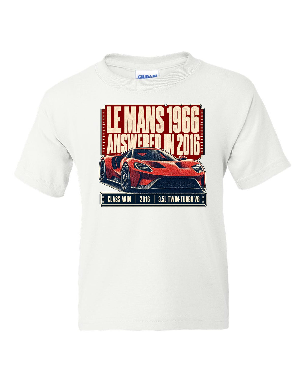Halftone print of a Ford GT low front three-quarter with Le Mans 1966 and 2016 text white kids tee front view with the design