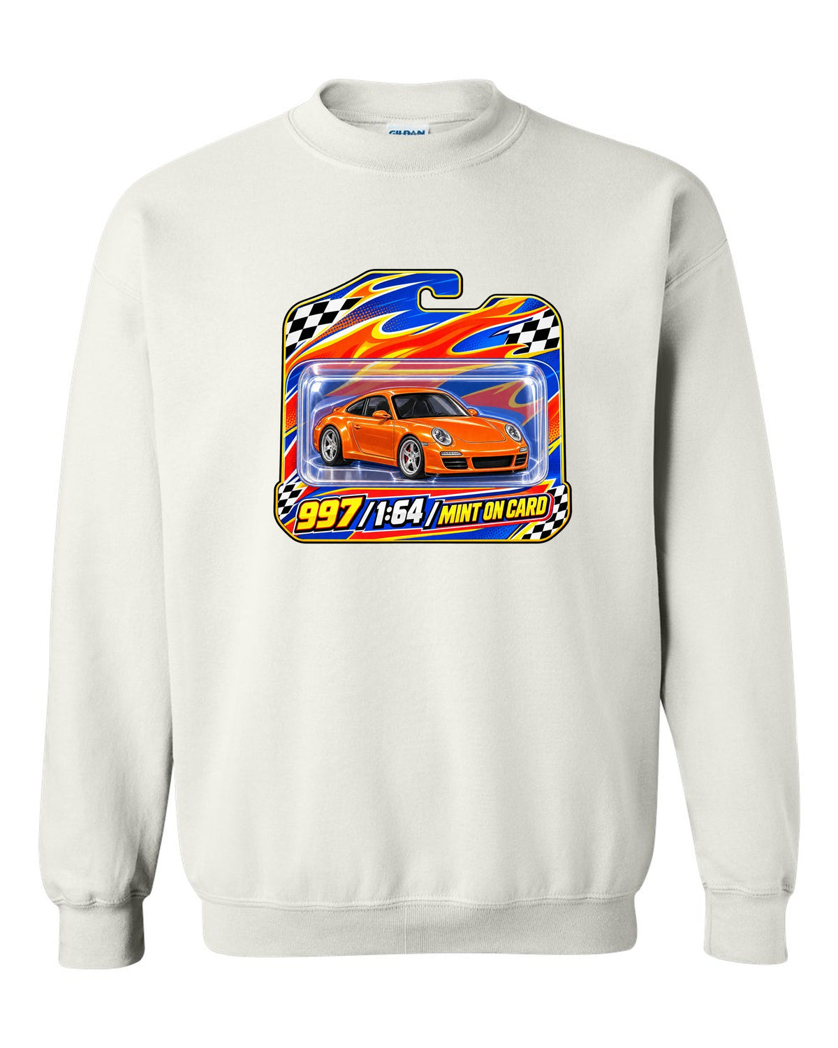 Sticker-bomb collage print of a Porsche 911 996 Carrera with the text 996 IMS never heard of it white crewneck front view with the design