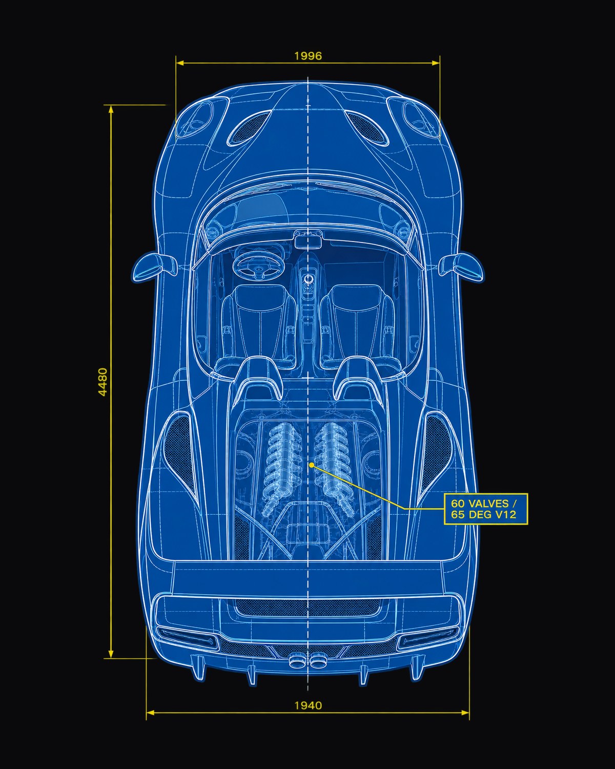 Ferrari F50 Top-Down Plan Blueprint Tee, 60 Valve V12 design only