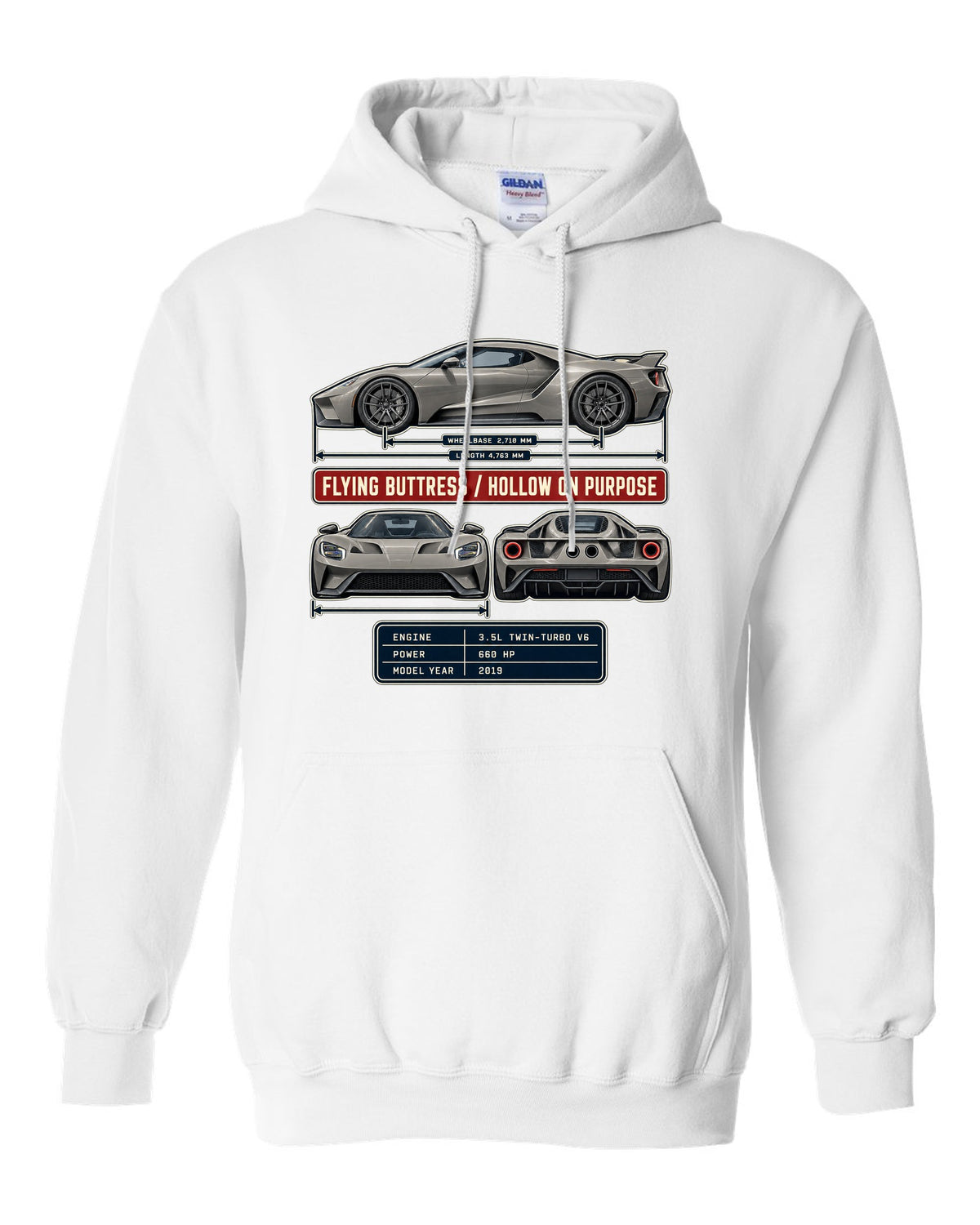 print of a 2019 Ford GT three-view drawing with spec table and flying buttress text white pull over hoodie front view with the design