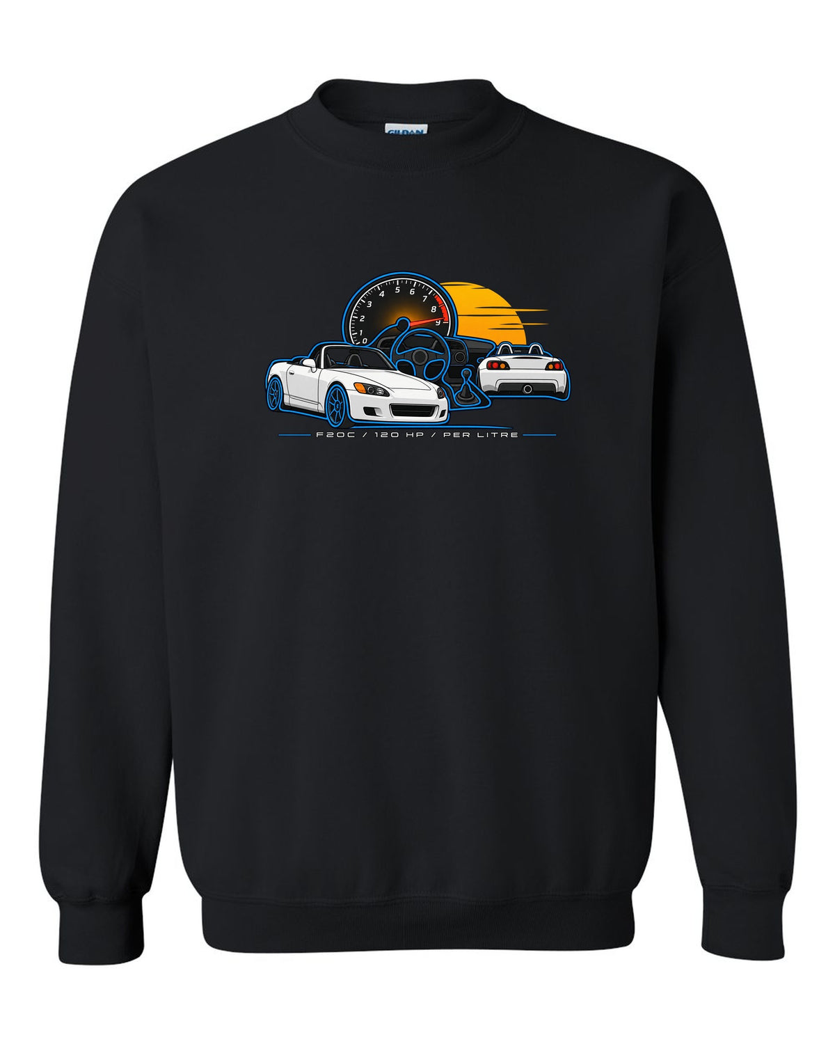 Minimal single-line contour print of a 1999 Honda S2000 AP1 with F20C 120 HP Per Litre lettering black crewneck front view with the design