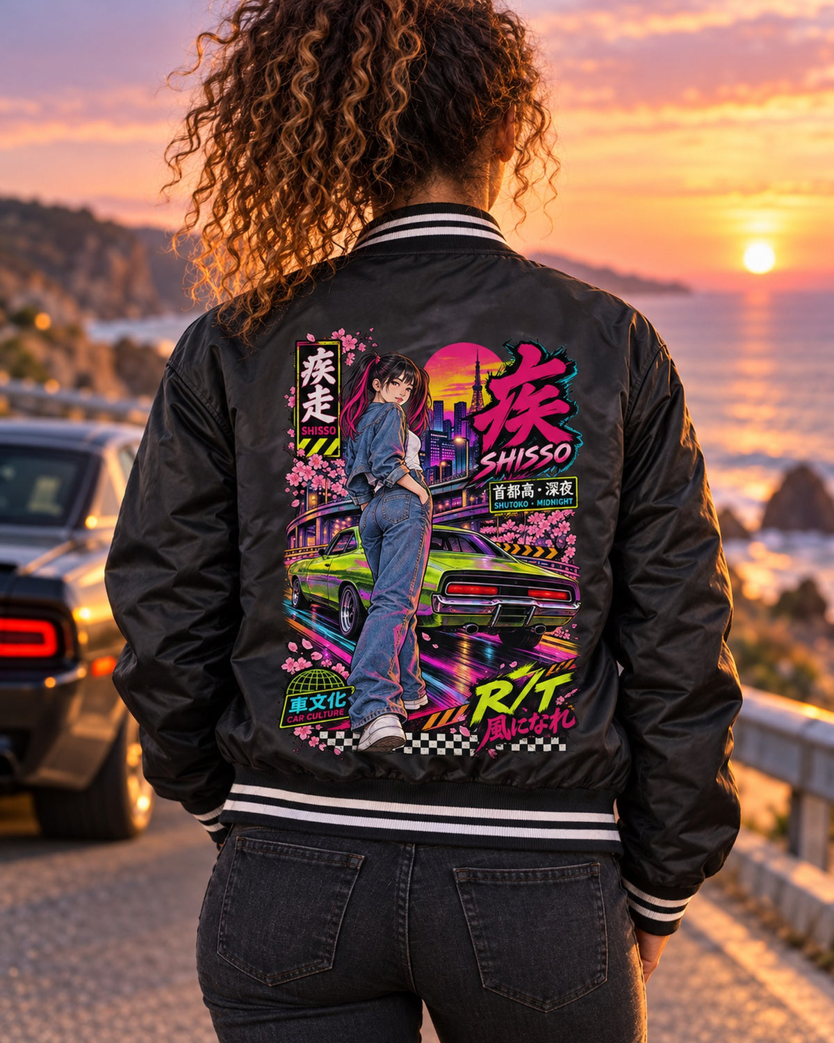 SHISSO R/T Anime Girl Full-Back Graphic Tee Bomber Jacket Black worn hero