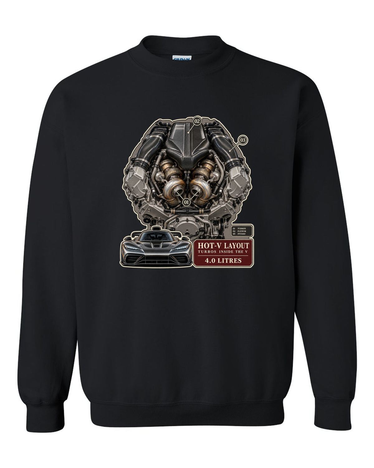 Mercedes-AMG GT 63 M178 4.0 litre biturbo V8 engine illustration black crewneck front view with the design
