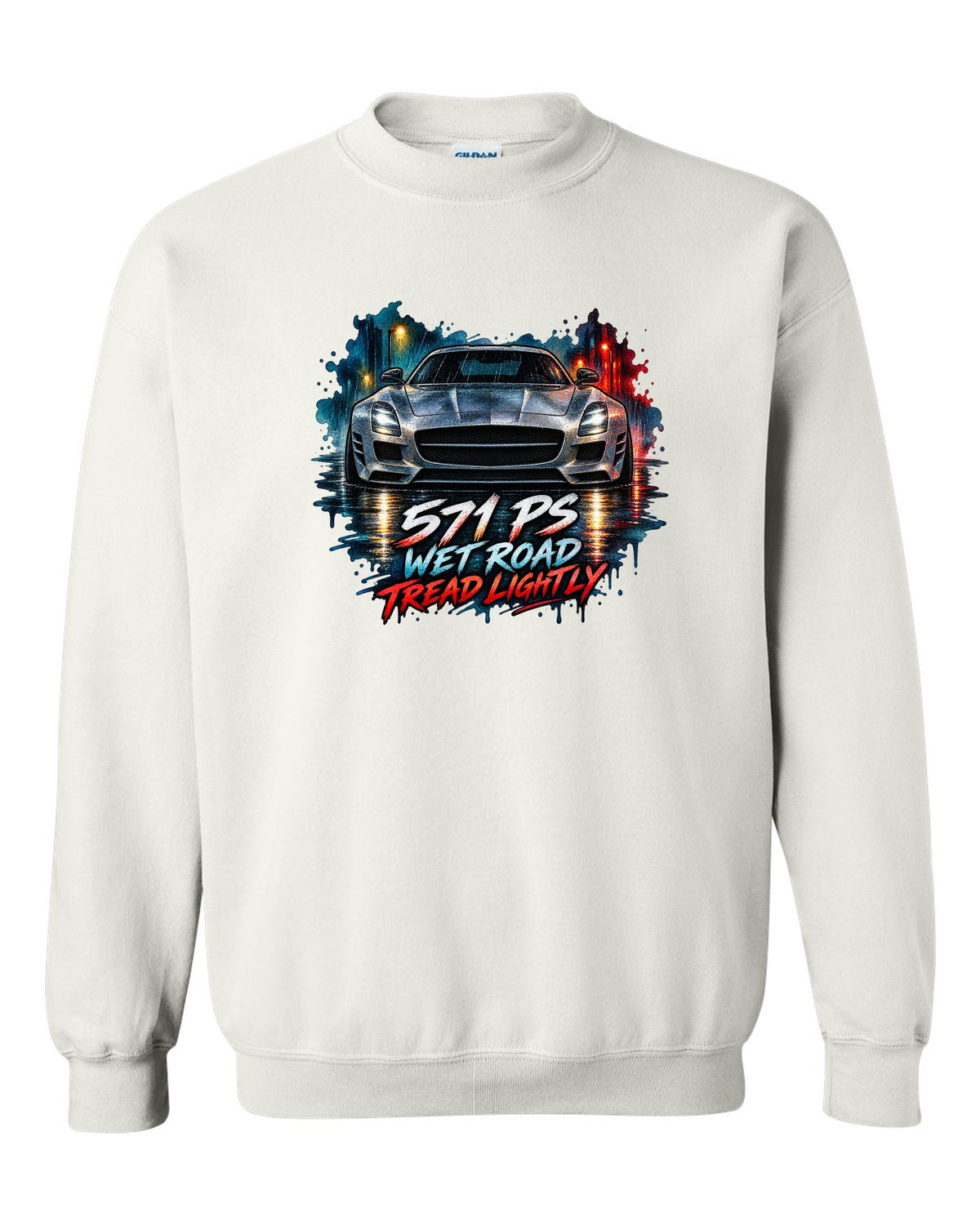 Watercolour illustration of a Mercedes SLS AMG C197 on a wet night road with 571 PS text white crewneck front view with the design