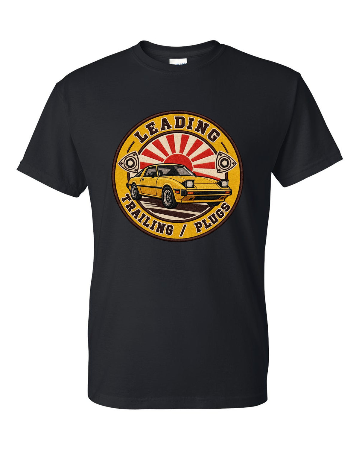 Embroidery-style roundel crest of a Mazda RX-7 SA22C with rotary plug text black t-shirt front view with the design