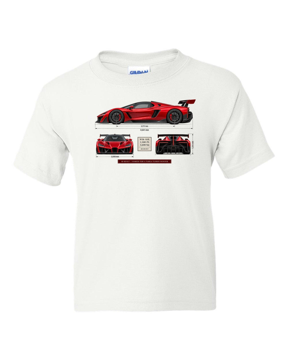 Bugatti Divo three-view print with spec table, 40 built white kids tee front view with the design