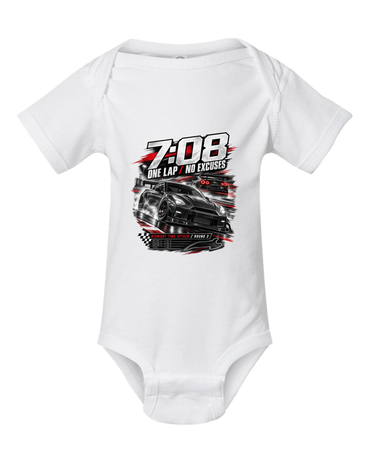 Race poster of a Nismo-style Nissan GT-R R35 with 7:08 one lap and Midnight Time Attack lettering white baby onesie front view with the design
