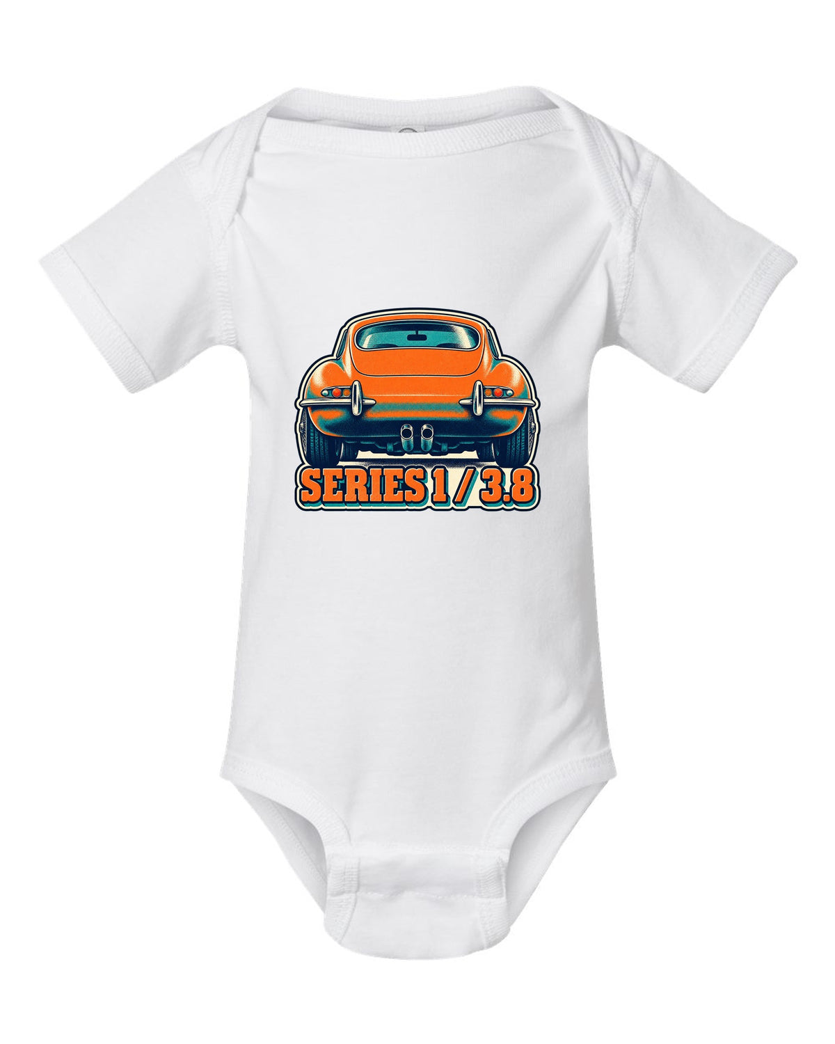 Risograph-style print of a Jaguar E-Type Series 1 taillight with Series 1 and 3.8 lettering white baby onesie front view with the design
