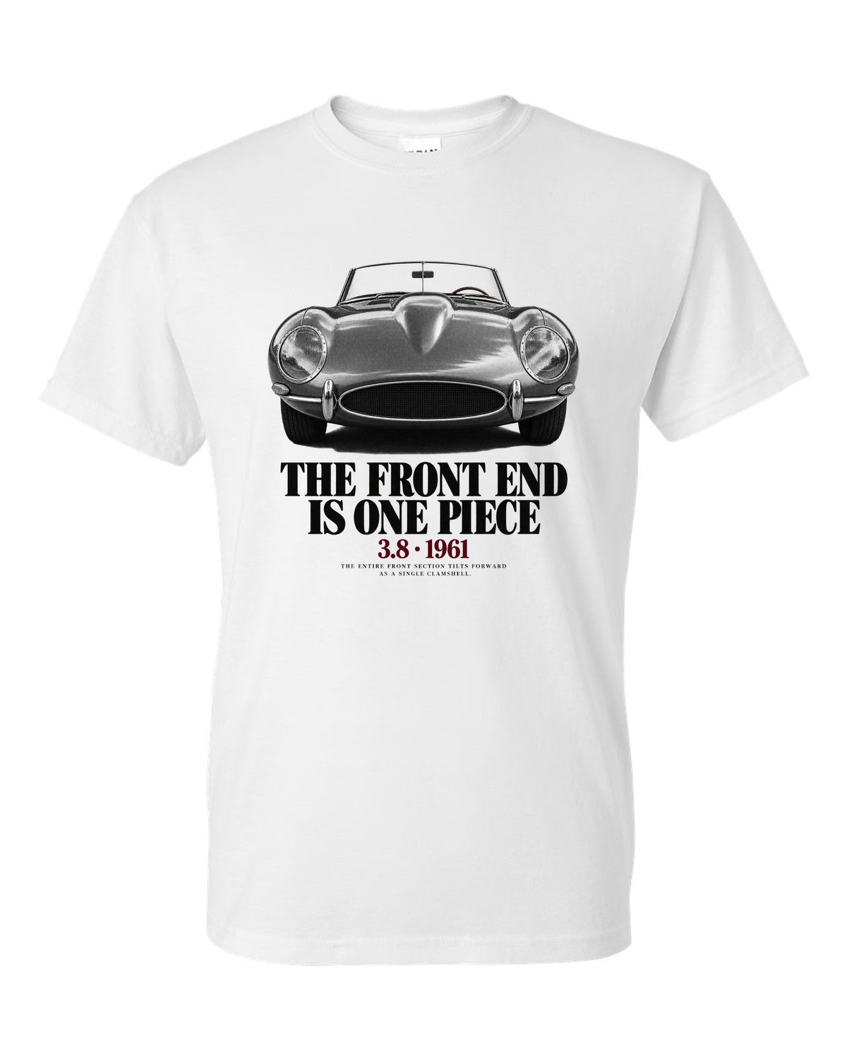 Jaguar E-Type Series 1 front end macro print white t-shirt front view with the design
